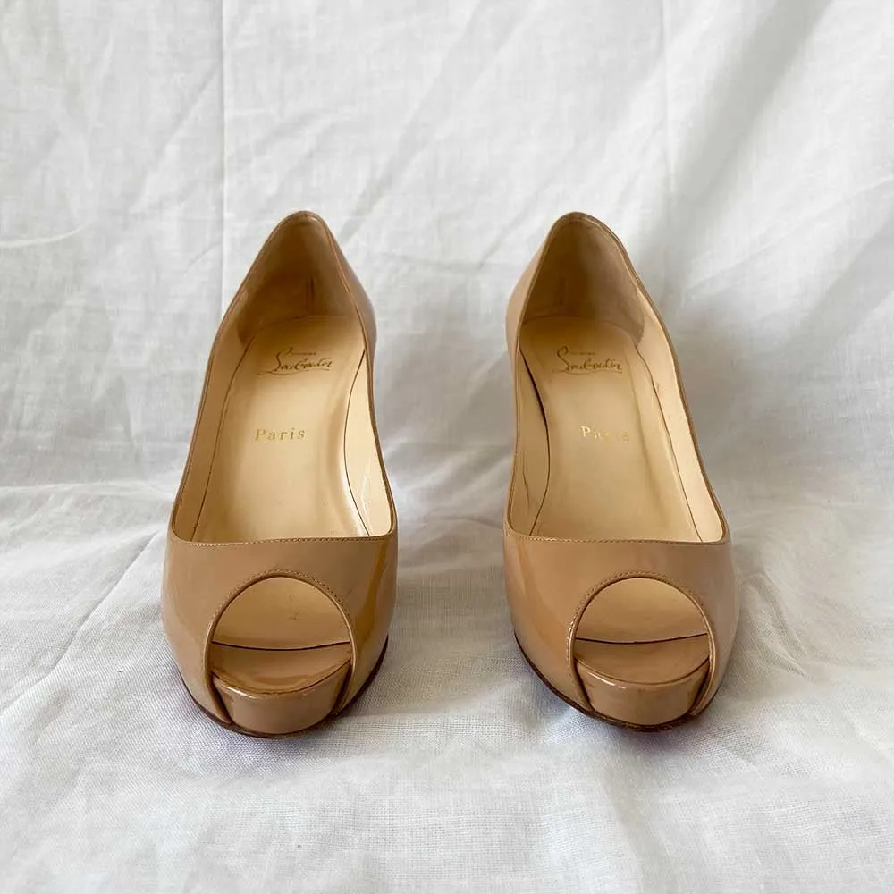 Christian Louboutin Nude Patent Leather Peep Toe Pumps, 37.5