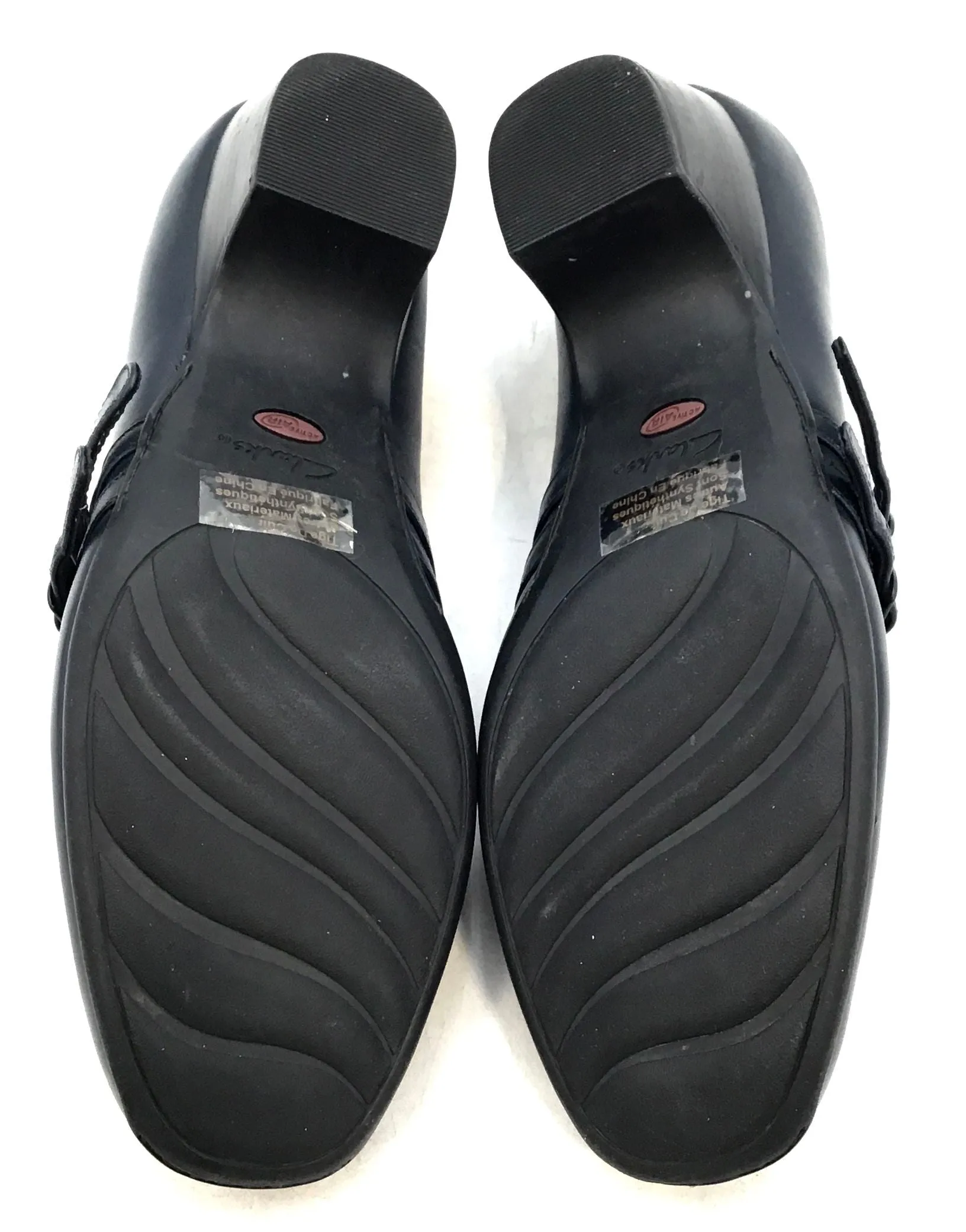 Clarks Women's Black Leather Square Toe Block Mary Jane Heels - Size 9.5 M