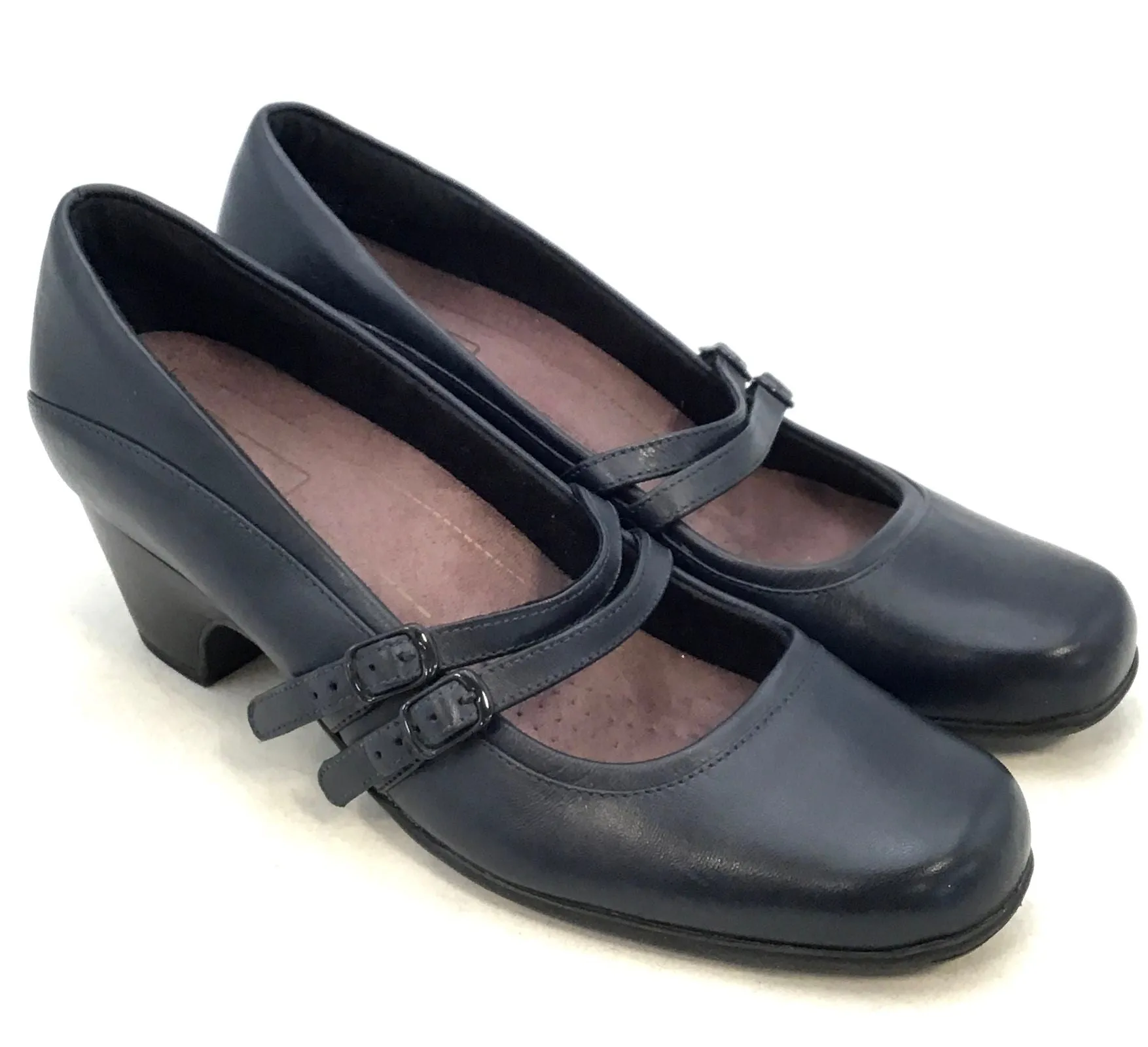 Clarks Women's Black Leather Square Toe Block Mary Jane Heels - Size 9.5 M