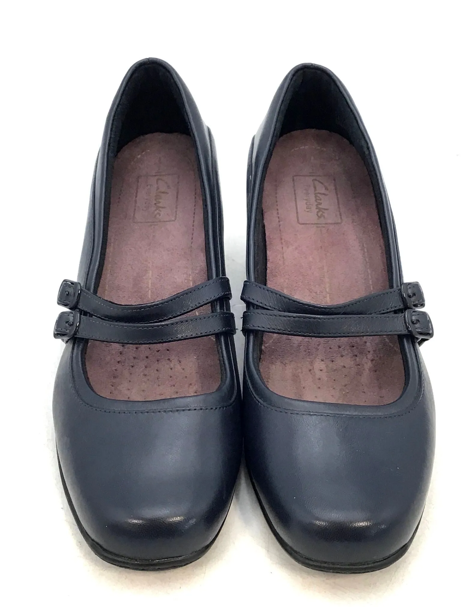Clarks Women's Black Leather Square Toe Block Mary Jane Heels - Size 9.5 M