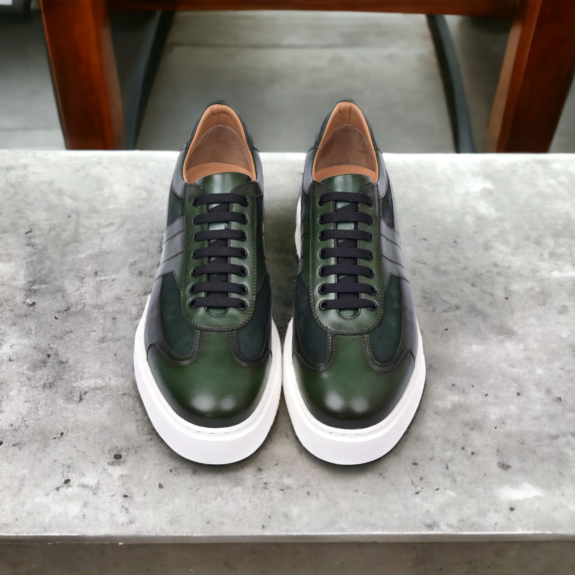 Corrente C0013012-5769 Men's Shoes Green Combination Calf-Skin Leather Casual Sneakers (CRT1468)