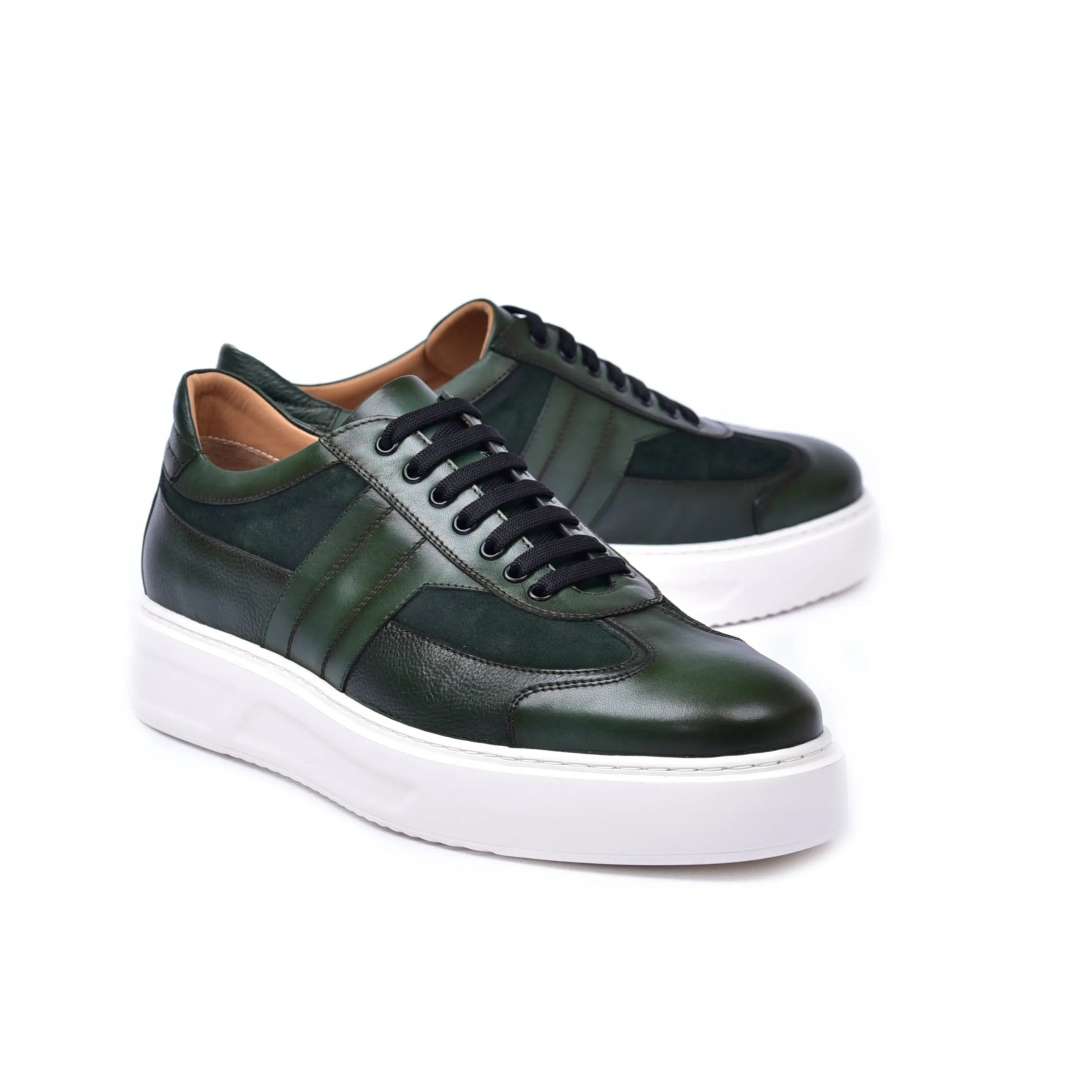 Corrente C0013012-5769 Men's Shoes Green Combination Calf-Skin Leather Casual Sneakers (CRT1468)