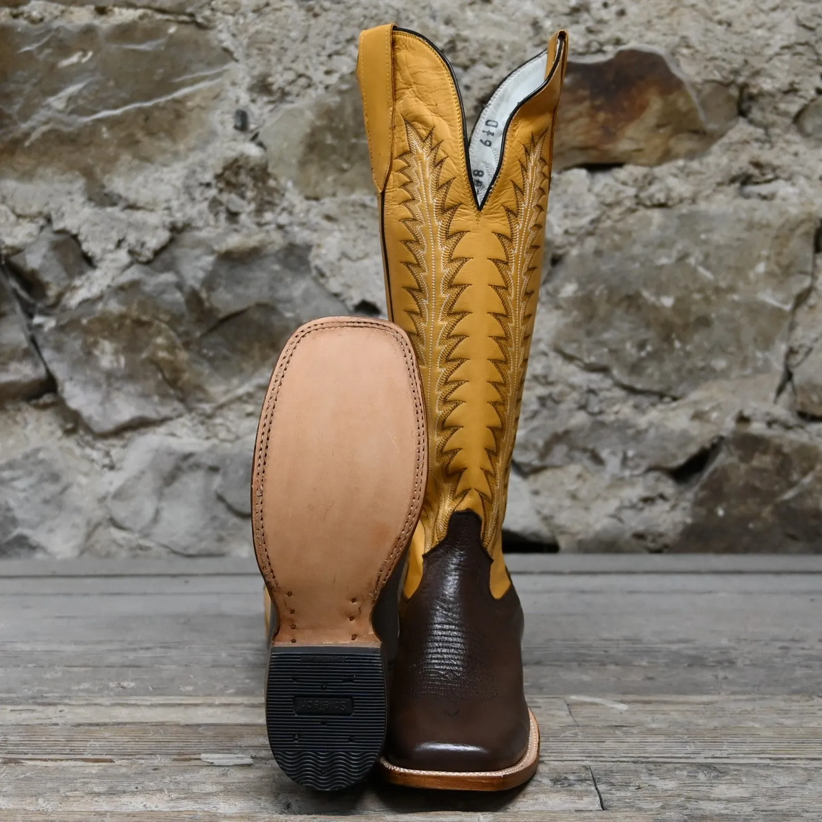 Cowtown Men's 16" Leather Boot W/Brown Vamp and Yellow Top
