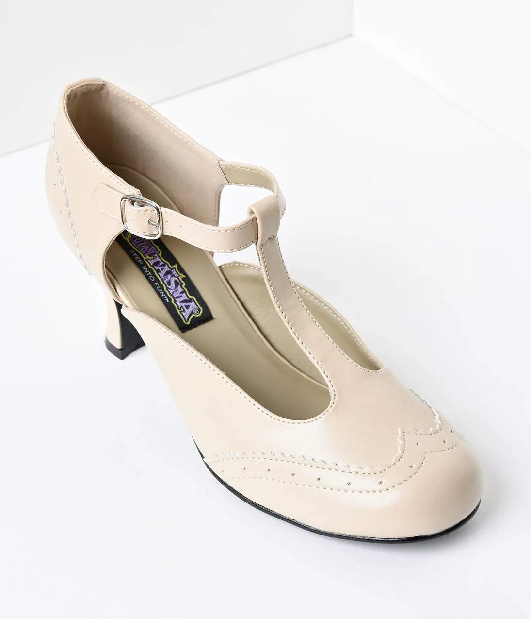 Cream T-Strap Mary Jane Kitten Heels
