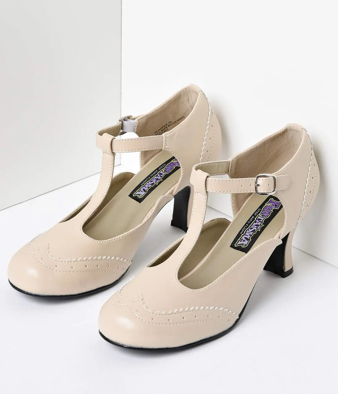 Cream T-Strap Mary Jane Kitten Heels