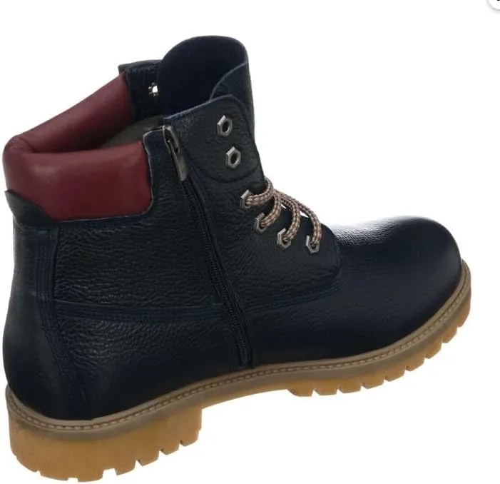 DALGALA Men's Big Size Navy Blue Leather Casual Ankle Boots Classic Lace up Comfortable Round Toe Walking Boots