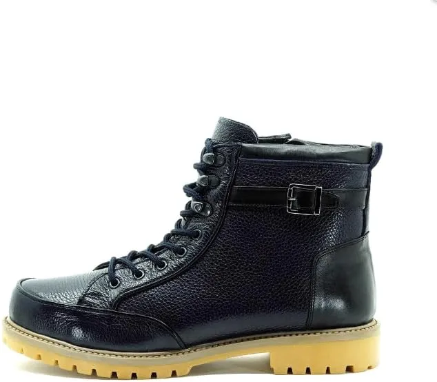 DALGALA Men's Big Size Navy Blue Leather Casual Ankle Boots Lace up Comfortable Walking Boots