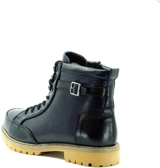 DALGALA Men's Big Size Navy Blue Leather Casual Ankle Boots Lace up Comfortable Walking Boots
