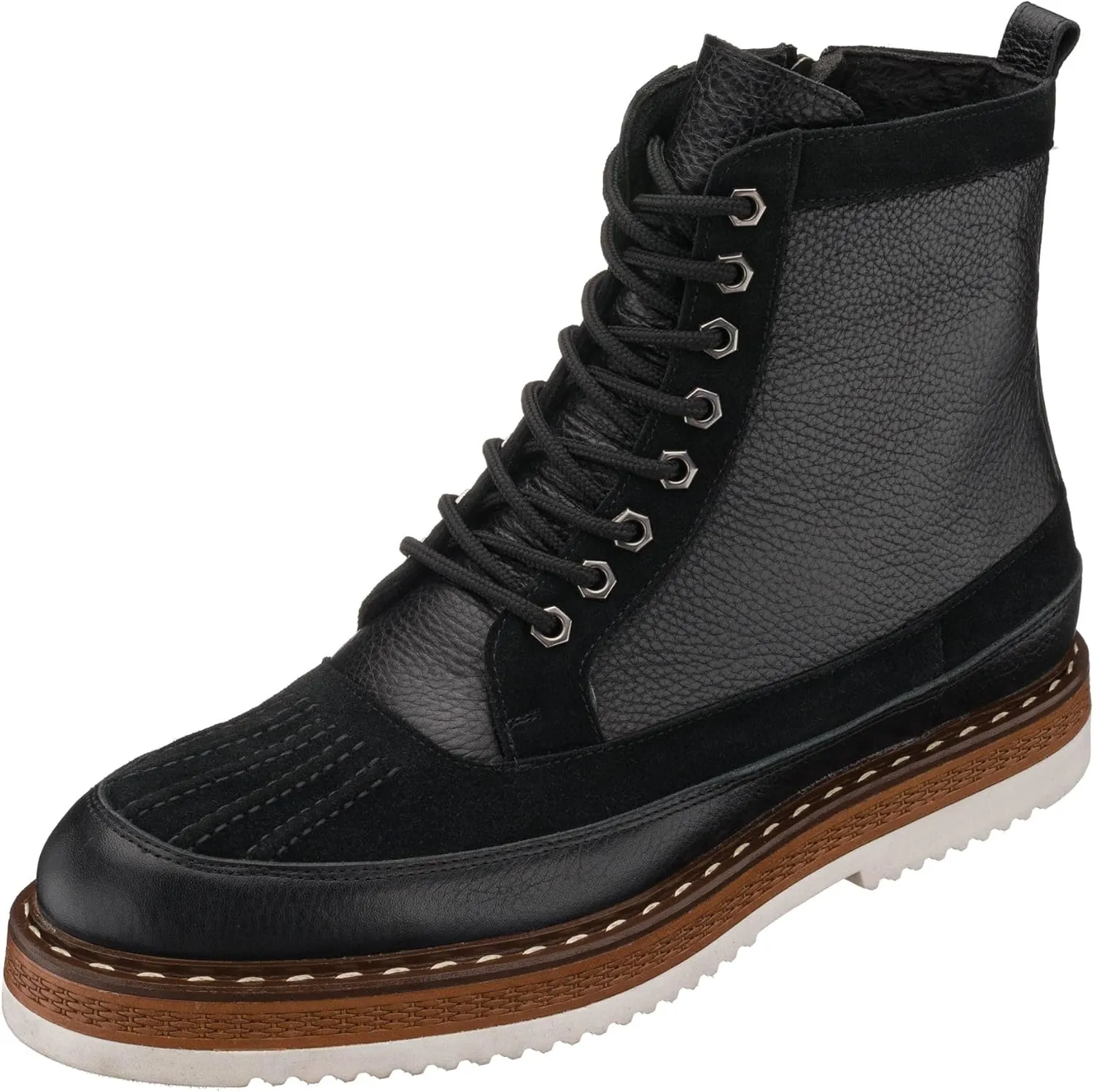 DALGALA Men's Black Genuine Leather and Suede Handmade Casual Lace-Up Ankle Boots with Zipper Closure Men's Fashion Combat Boots