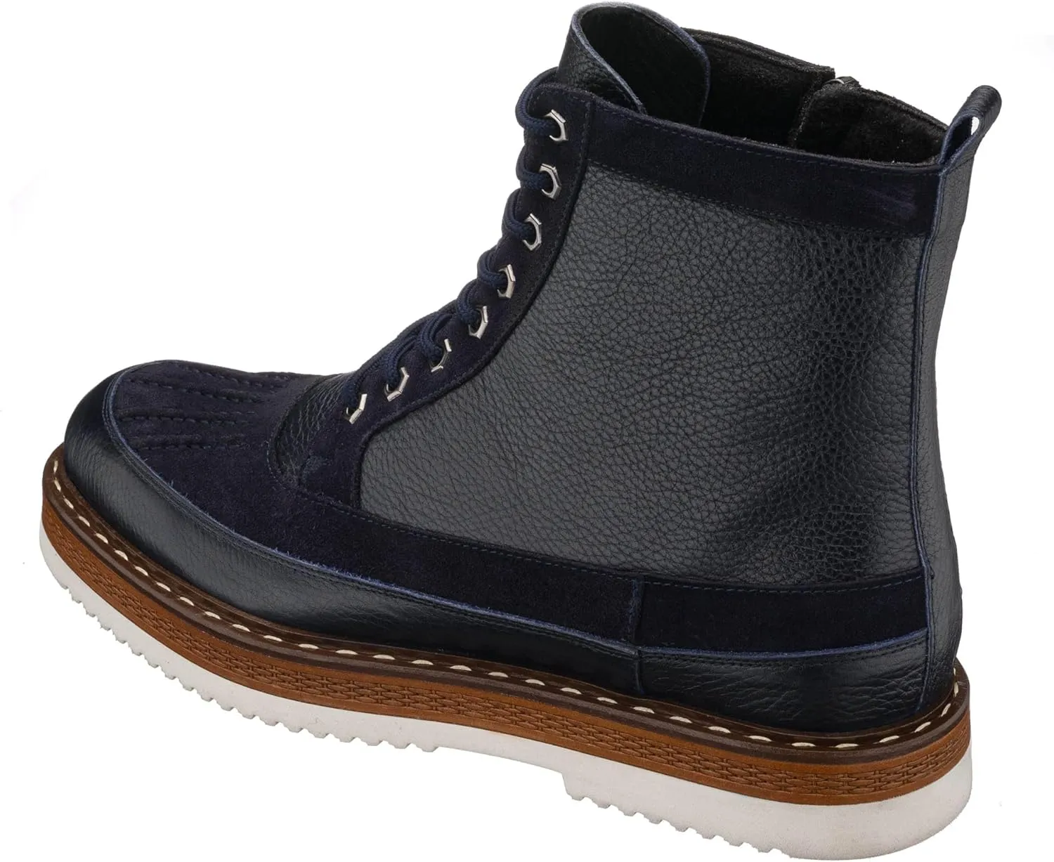 DALGALA Men's Navy Blue Leather Handmade Lace-Up Ankle Boots with Zipper Closure