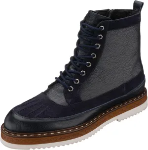 DALGALA Men's Navy Blue Leather Handmade Lace-Up Ankle Boots with Zipper Closure