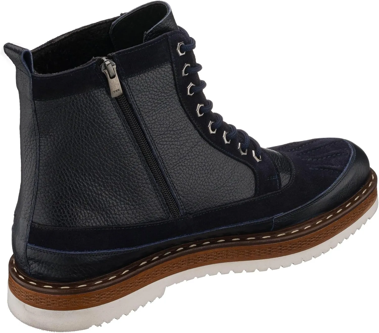 DALGALA Men's Navy Blue Leather Handmade Lace-Up Ankle Boots with Zipper Closure