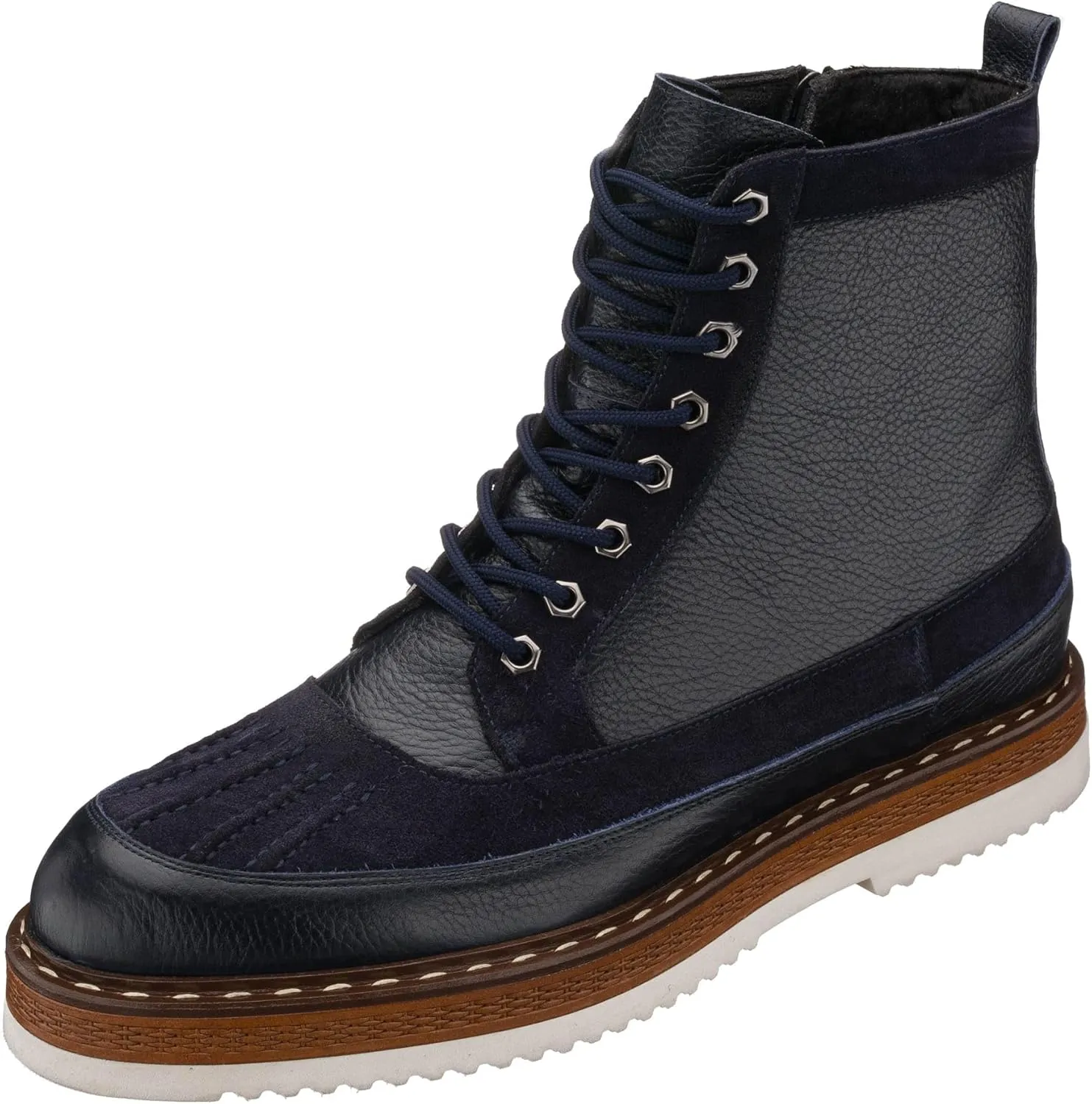 DALGALA Men's Navy Blue Leather Handmade Lace-Up Ankle Boots with Zipper Closure