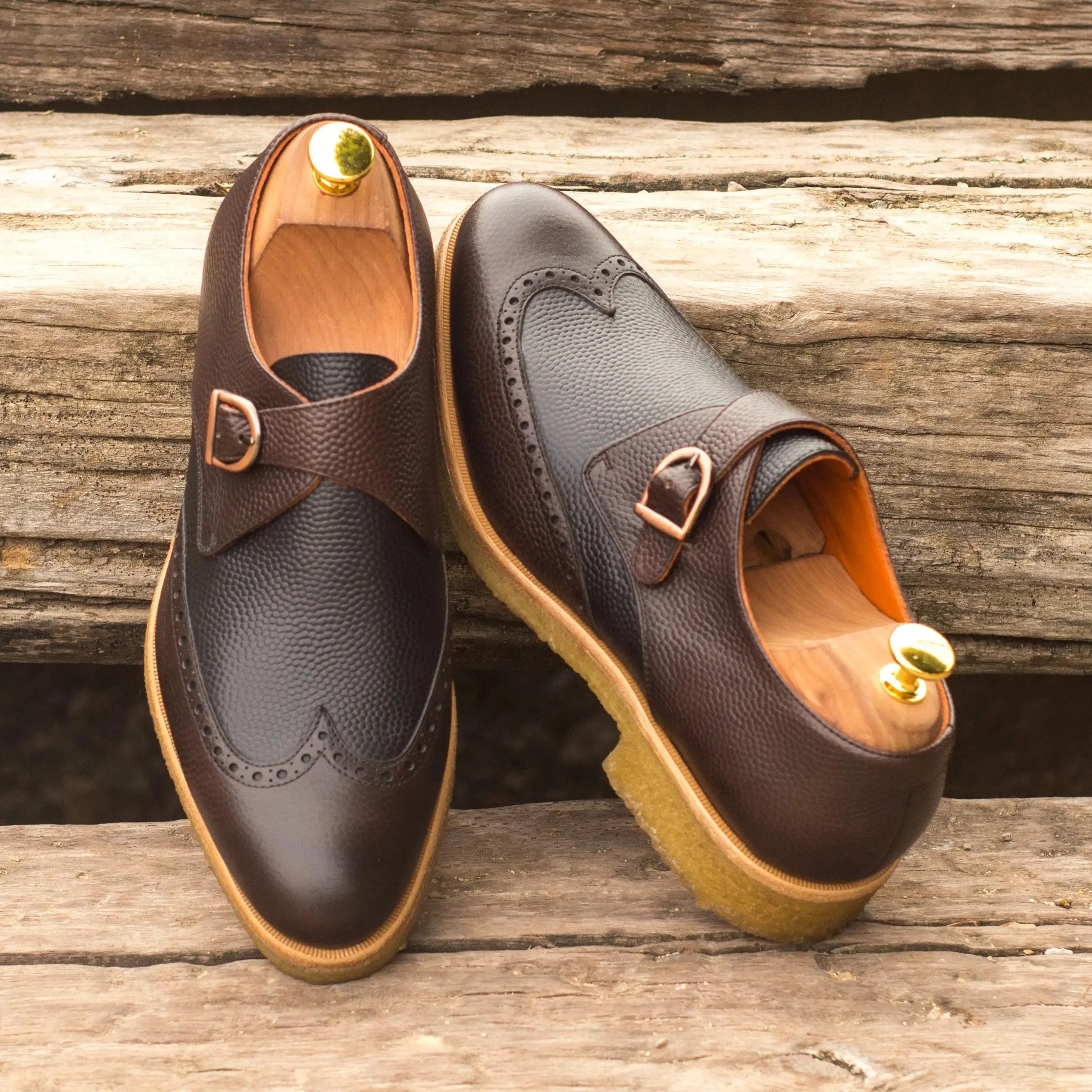 DapperFam Brenno in Black / Dark Brown Men's Italian Pebble Grain Leather Single Monk
