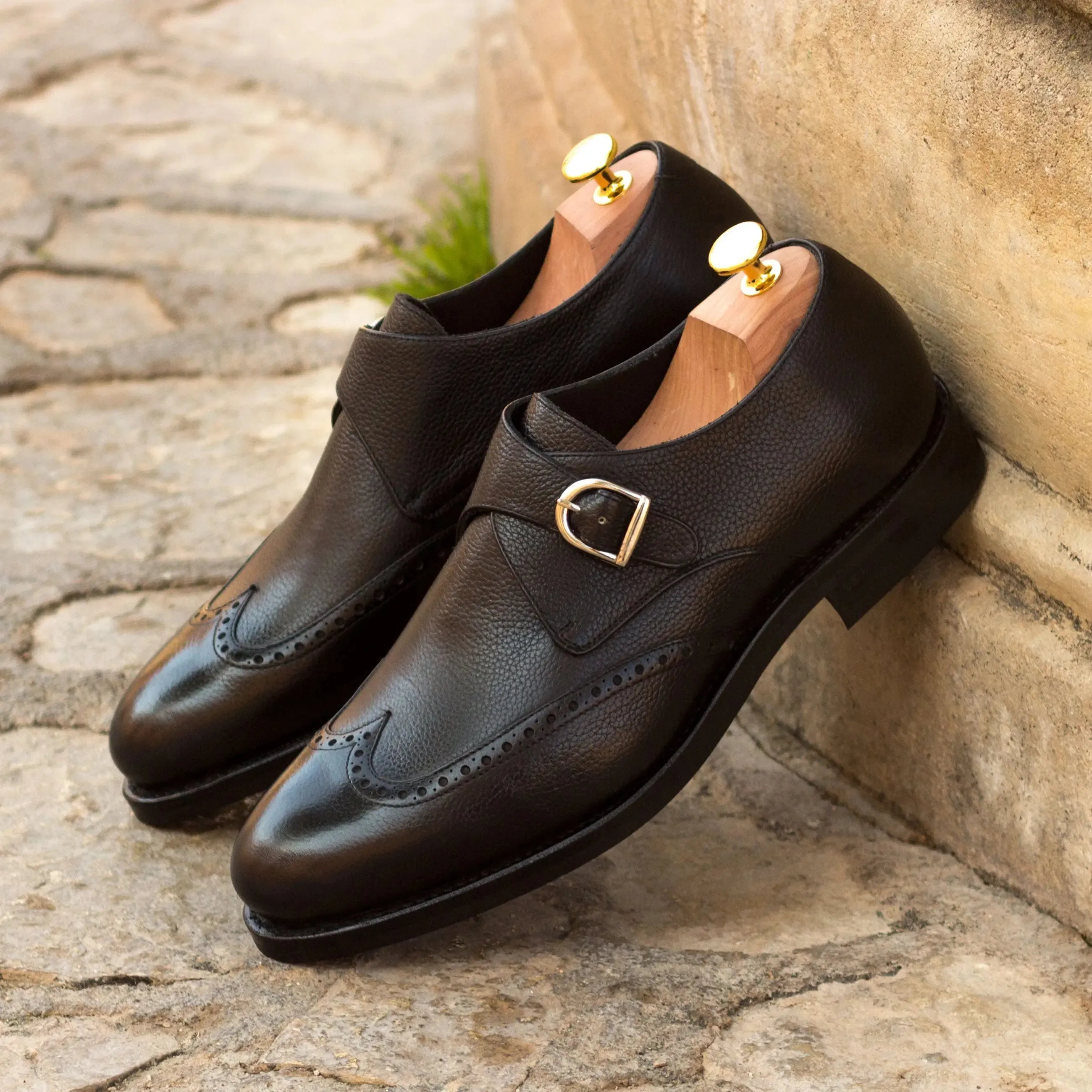 DapperFam Brenno in Black Men's Italian Full Grain Leather Single Monk