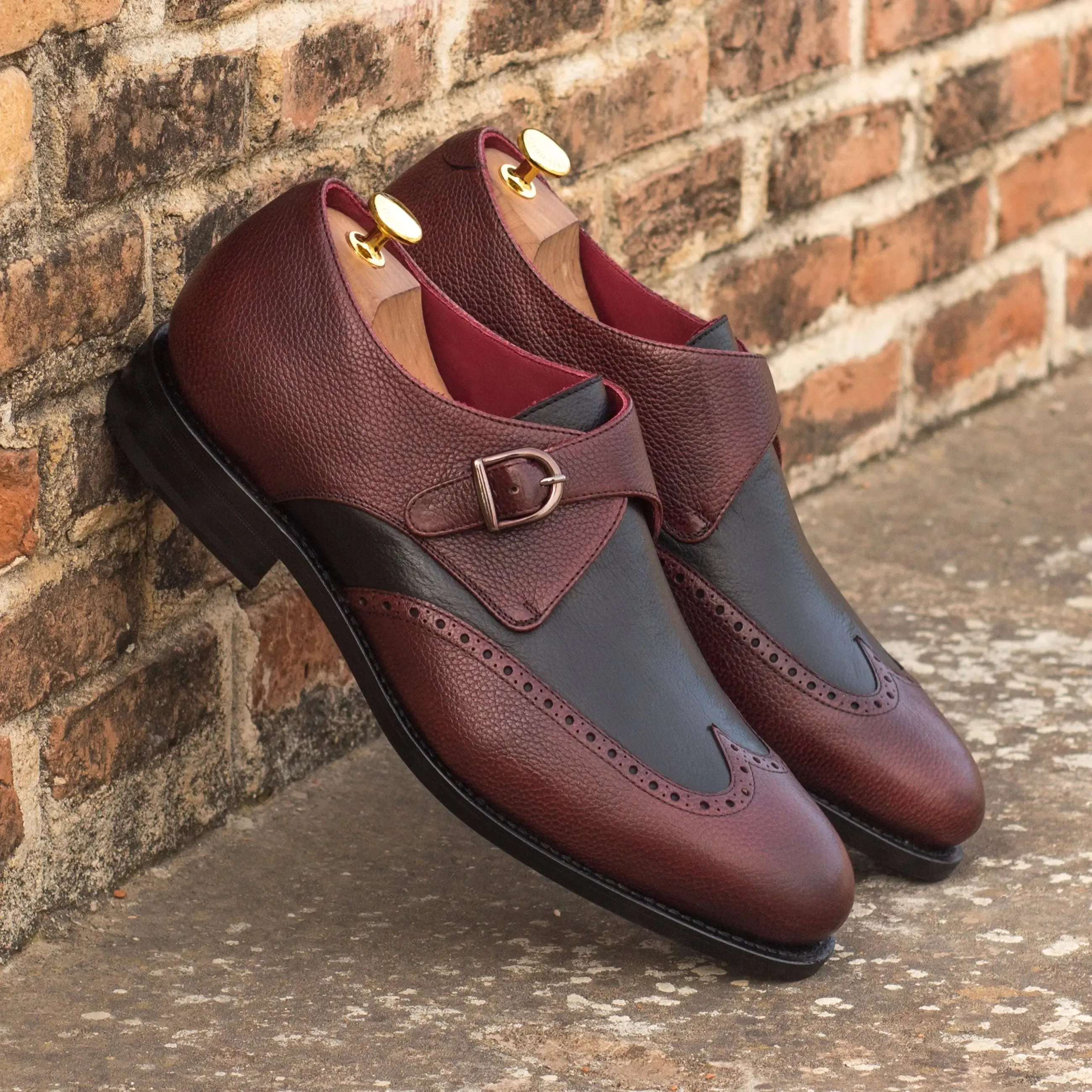 DapperFam Brenno in Burgundy / Black Men's Italian Full Grain Leather Single Monk