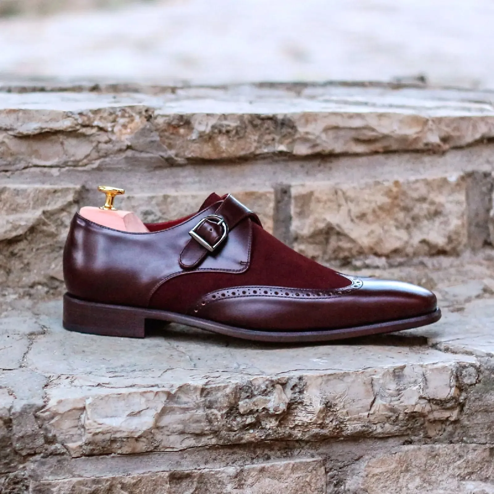 DapperFam Brenno in Burgundy Men's Lux Suede & Italian Leather Single Monk