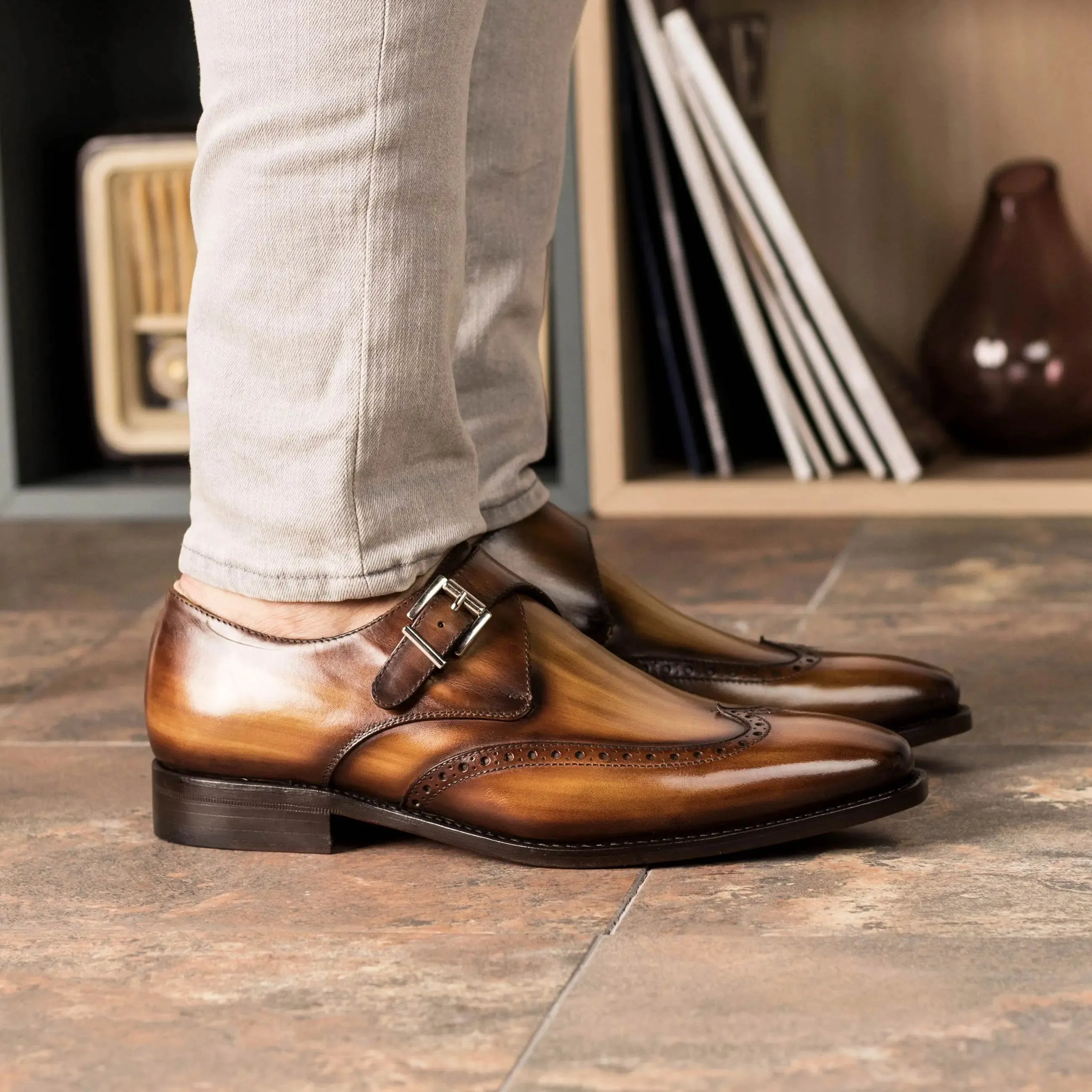 DapperFam Brenno in Cognac Men's Hand-Painted Patina Single Monk