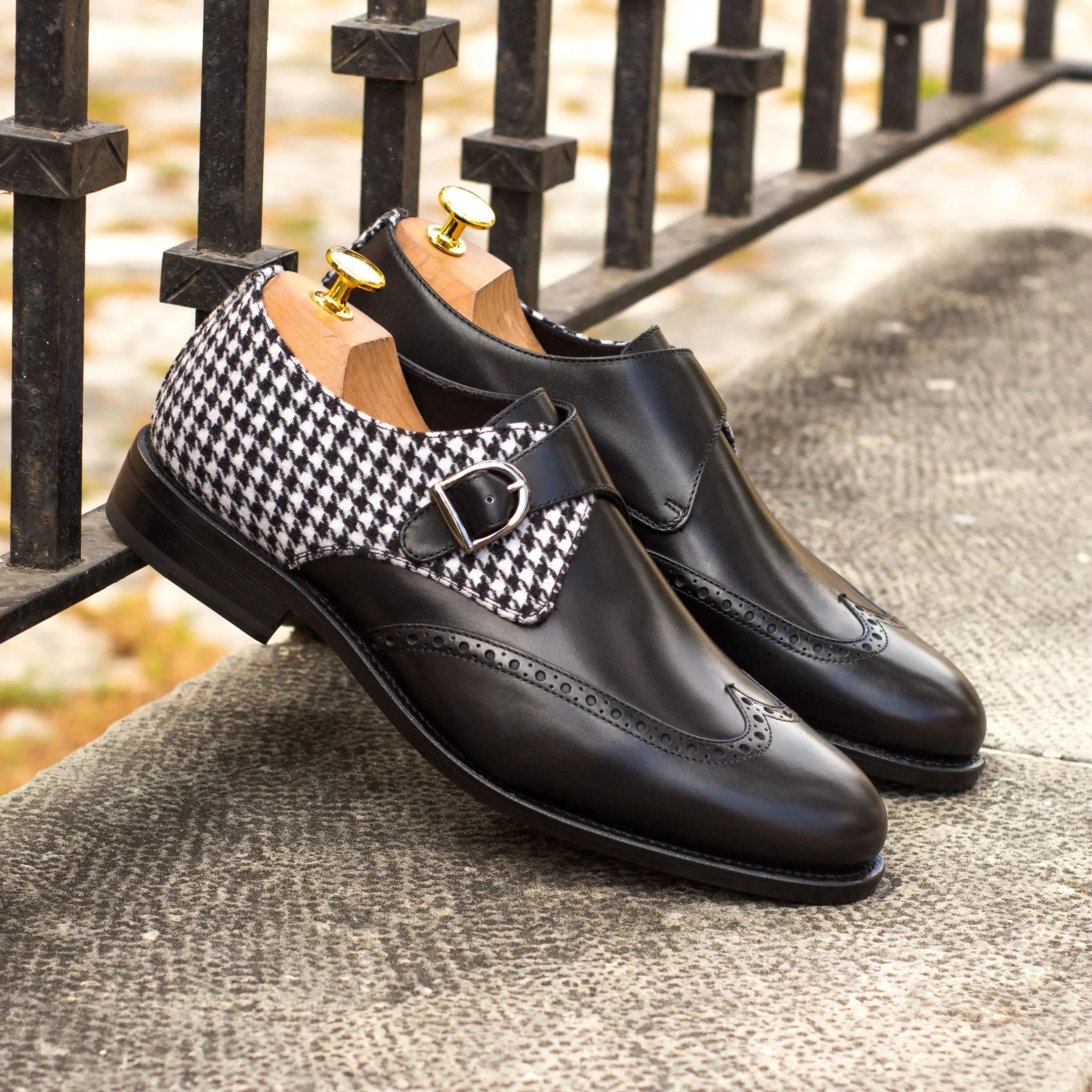 DapperFam Brenno in Houndstooth / Black Men's Sartorial & Italian Leather Single Monk