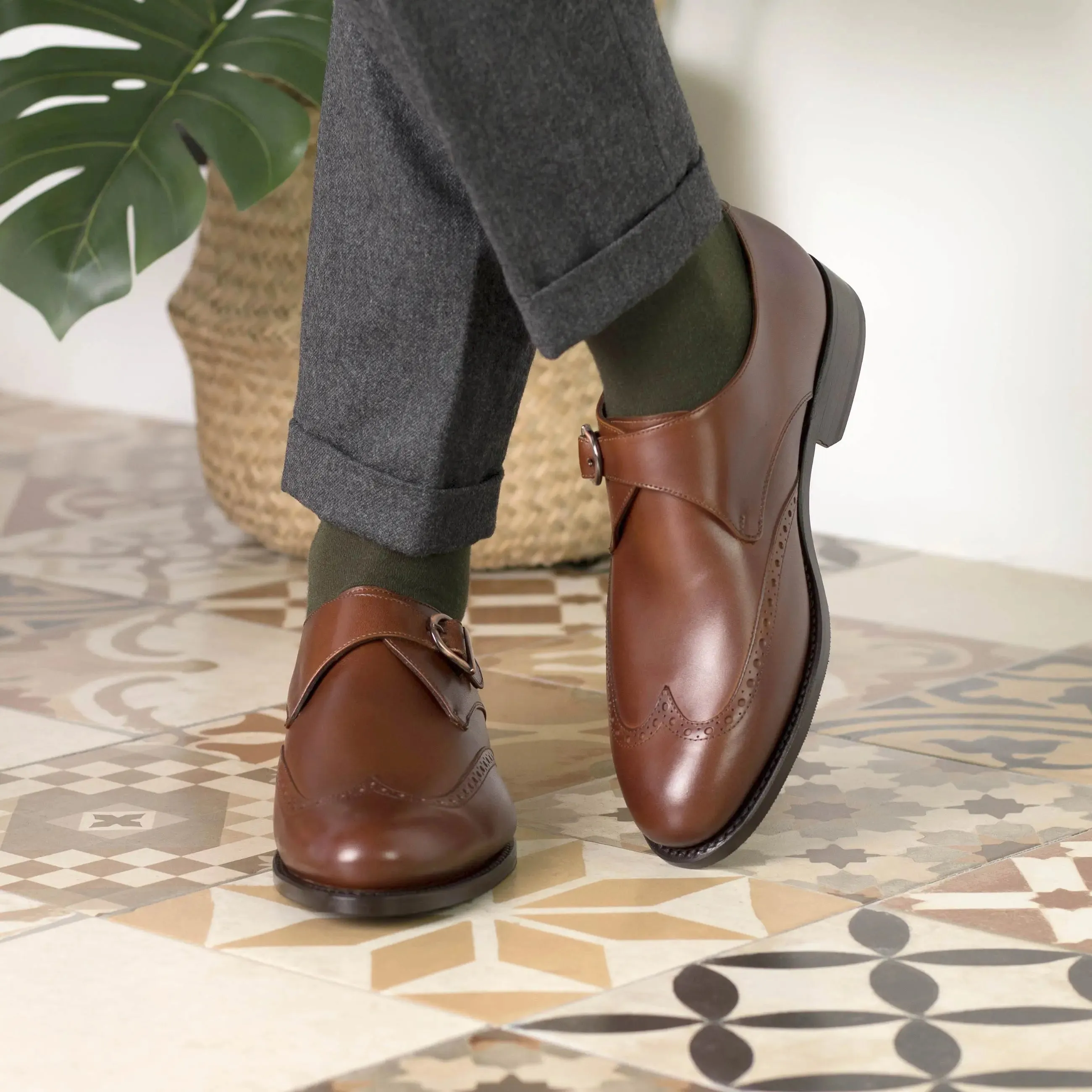 DapperFam Brenno in Med Brown Men's Italian Leather Single Monk