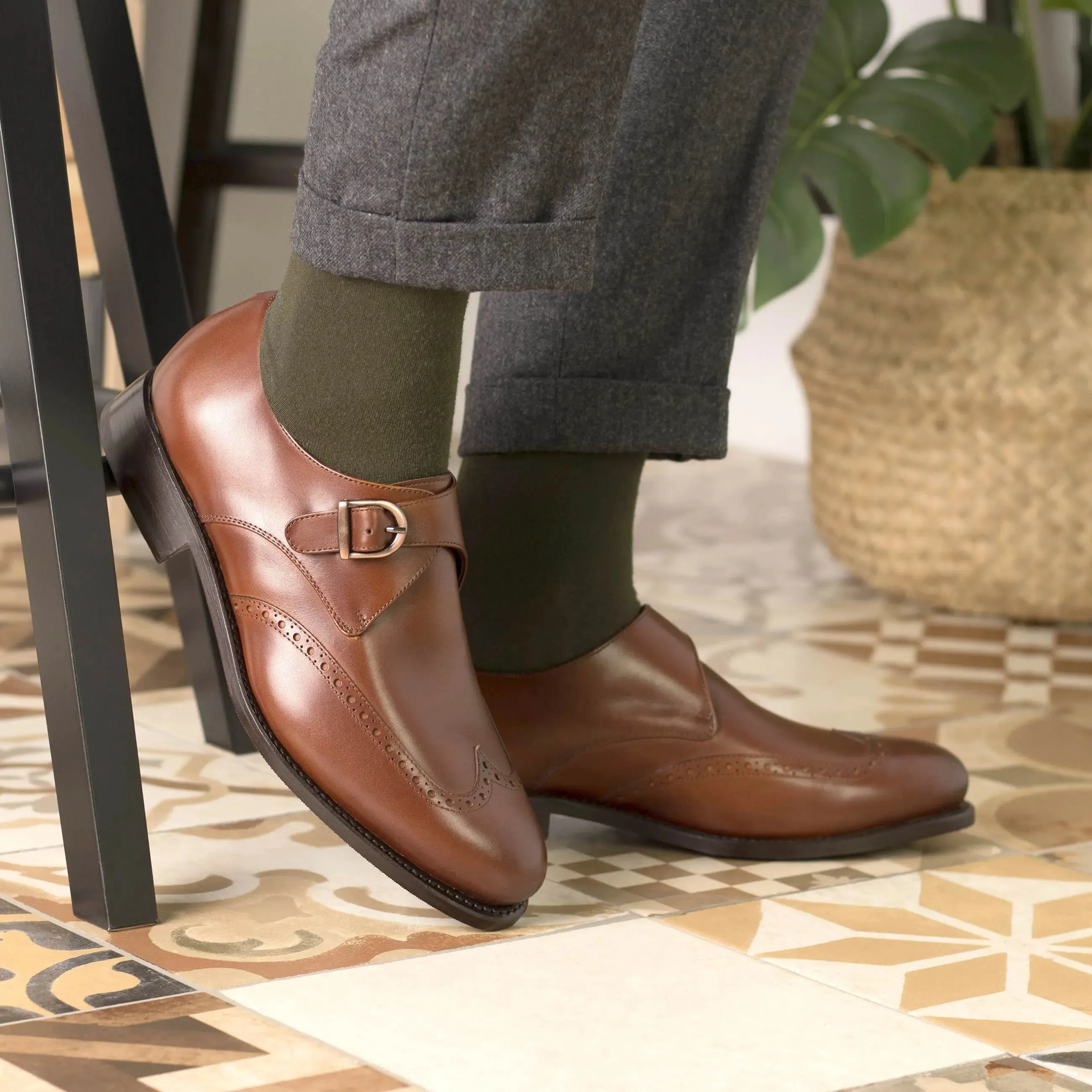 DapperFam Brenno in Med Brown Men's Italian Leather Single Monk