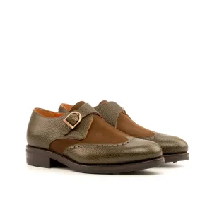 DapperFam Brenno in Olive / Med Brown Men's Lux Suede & Italian Pebble Grain Leather Single Monk