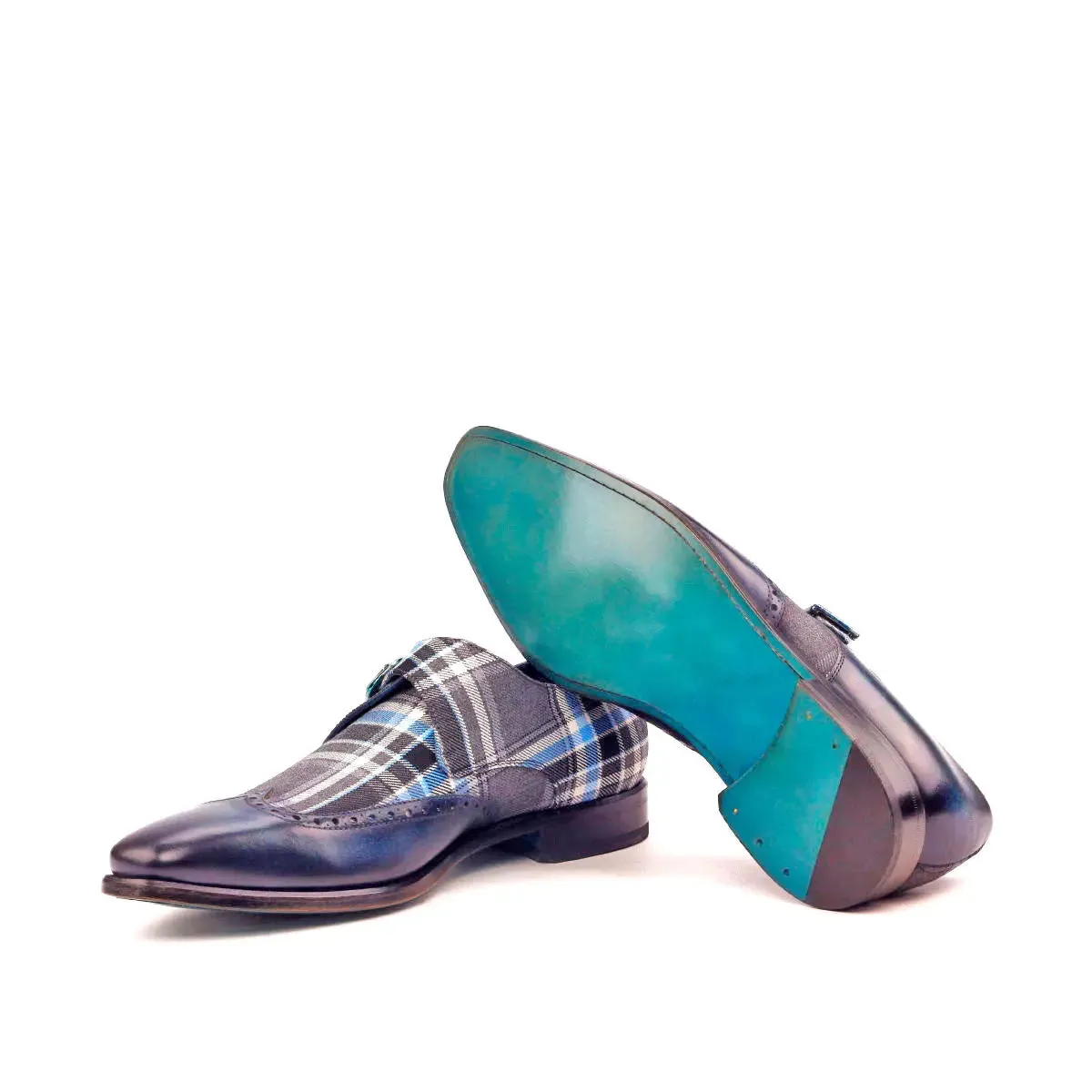 DapperFam Brenno in Plaid / Denim Men's Sartorial & Hand-Painted Patina Single Monk
