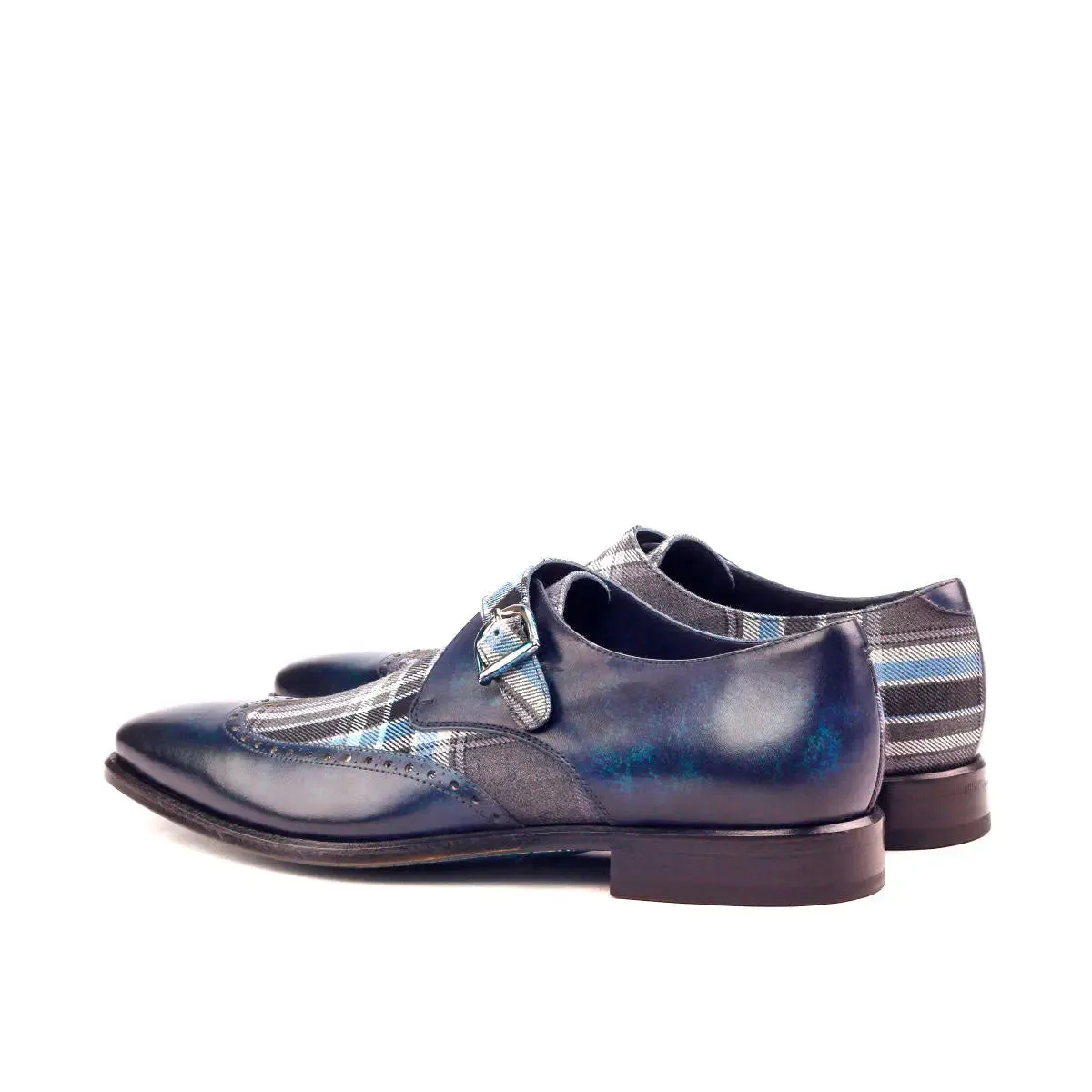 DapperFam Brenno in Plaid / Denim Men's Sartorial & Hand-Painted Patina Single Monk