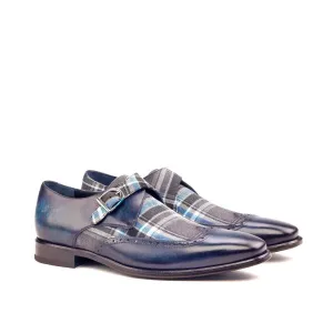 DapperFam Brenno in Plaid / Denim Men's Sartorial & Hand-Painted Patina Single Monk