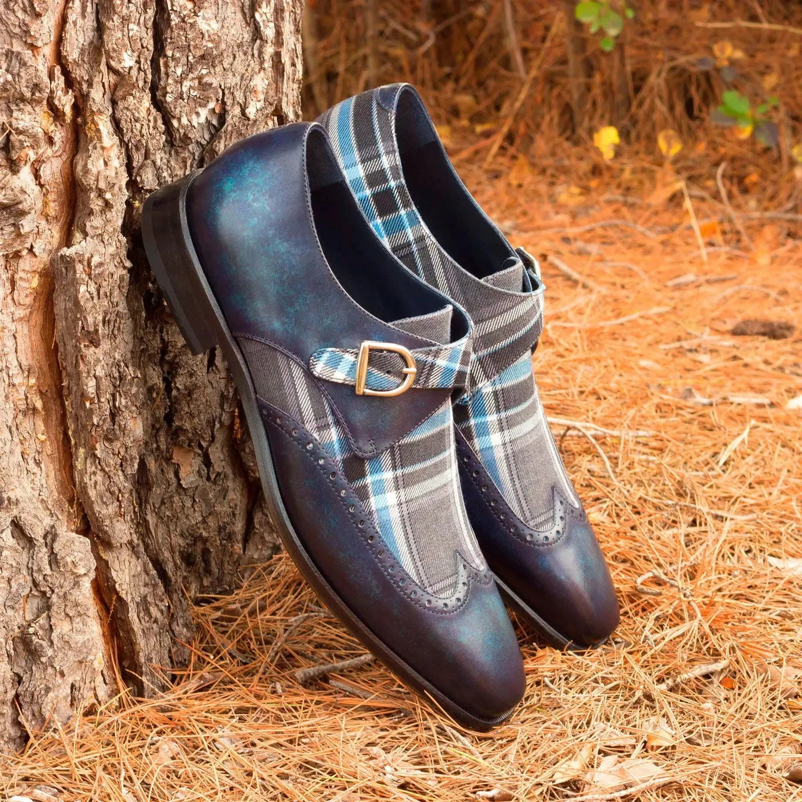 DapperFam Brenno in Plaid / Denim Men's Sartorial & Hand-Painted Patina Single Monk