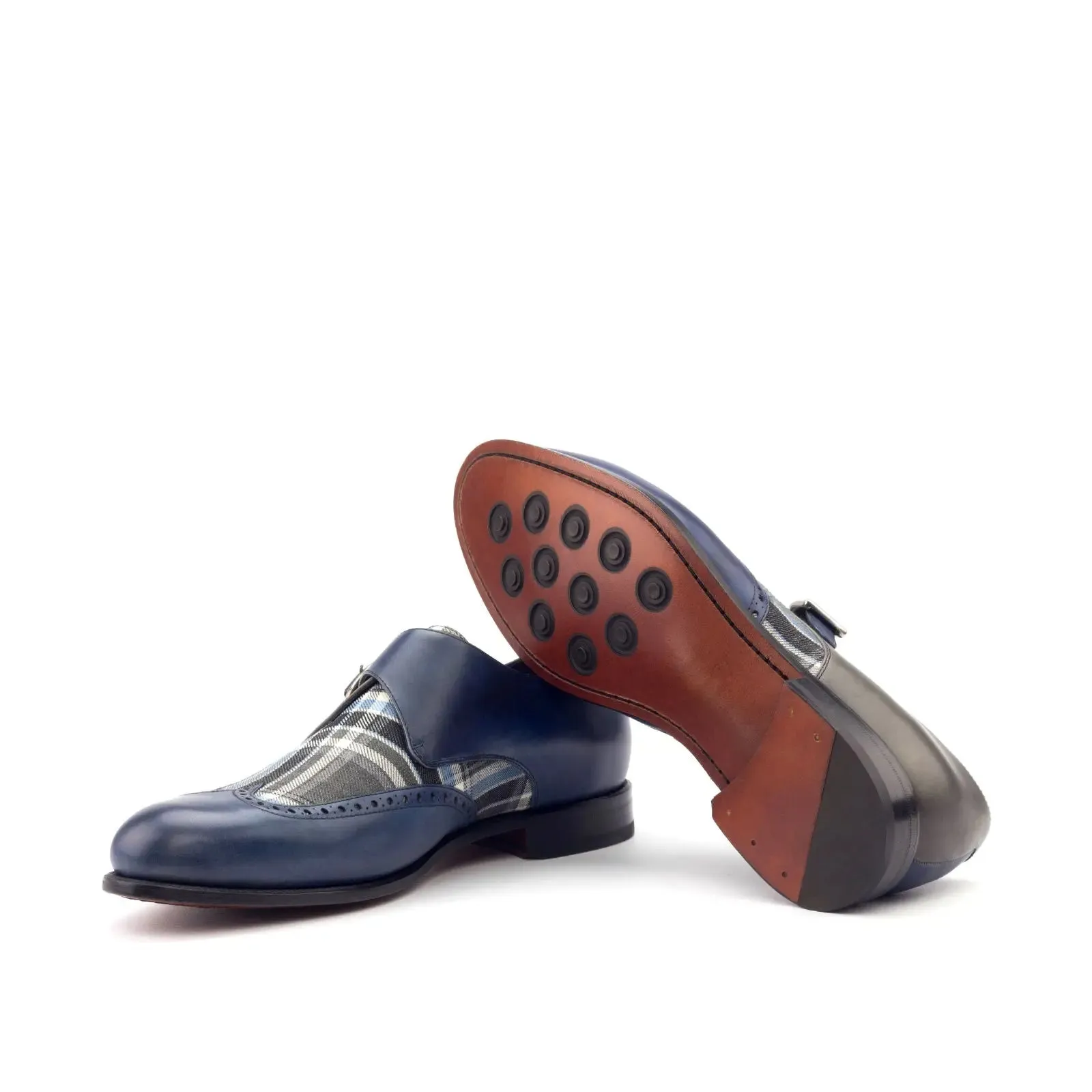 DapperFam Brenno in Plaid / Grey / Navy Men's Sartorial & Italian Leather Single Monk