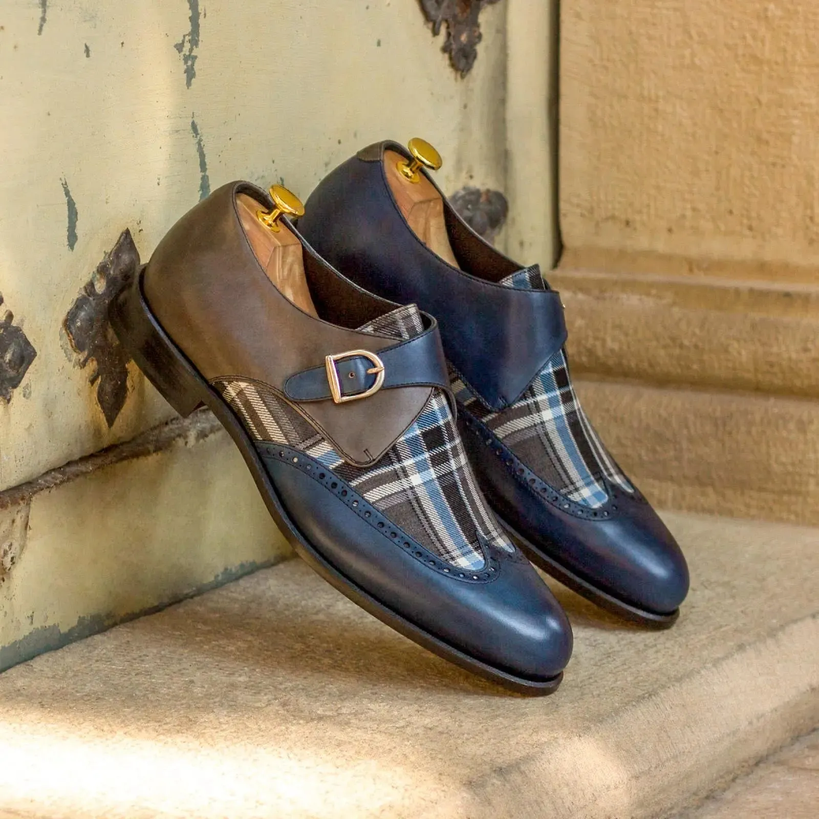 DapperFam Brenno in Plaid / Grey / Navy Men's Sartorial & Italian Leather Single Monk