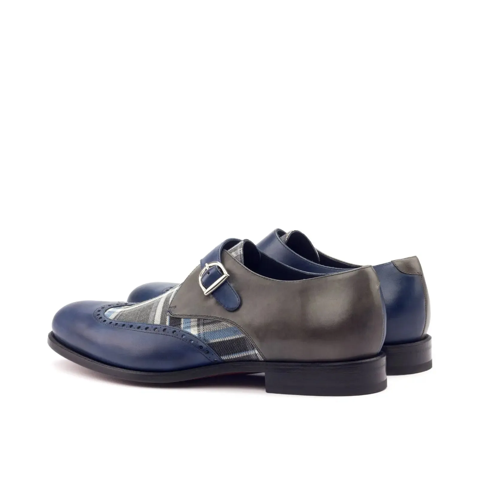 DapperFam Brenno in Plaid / Grey / Navy Men's Sartorial & Italian Leather Single Monk