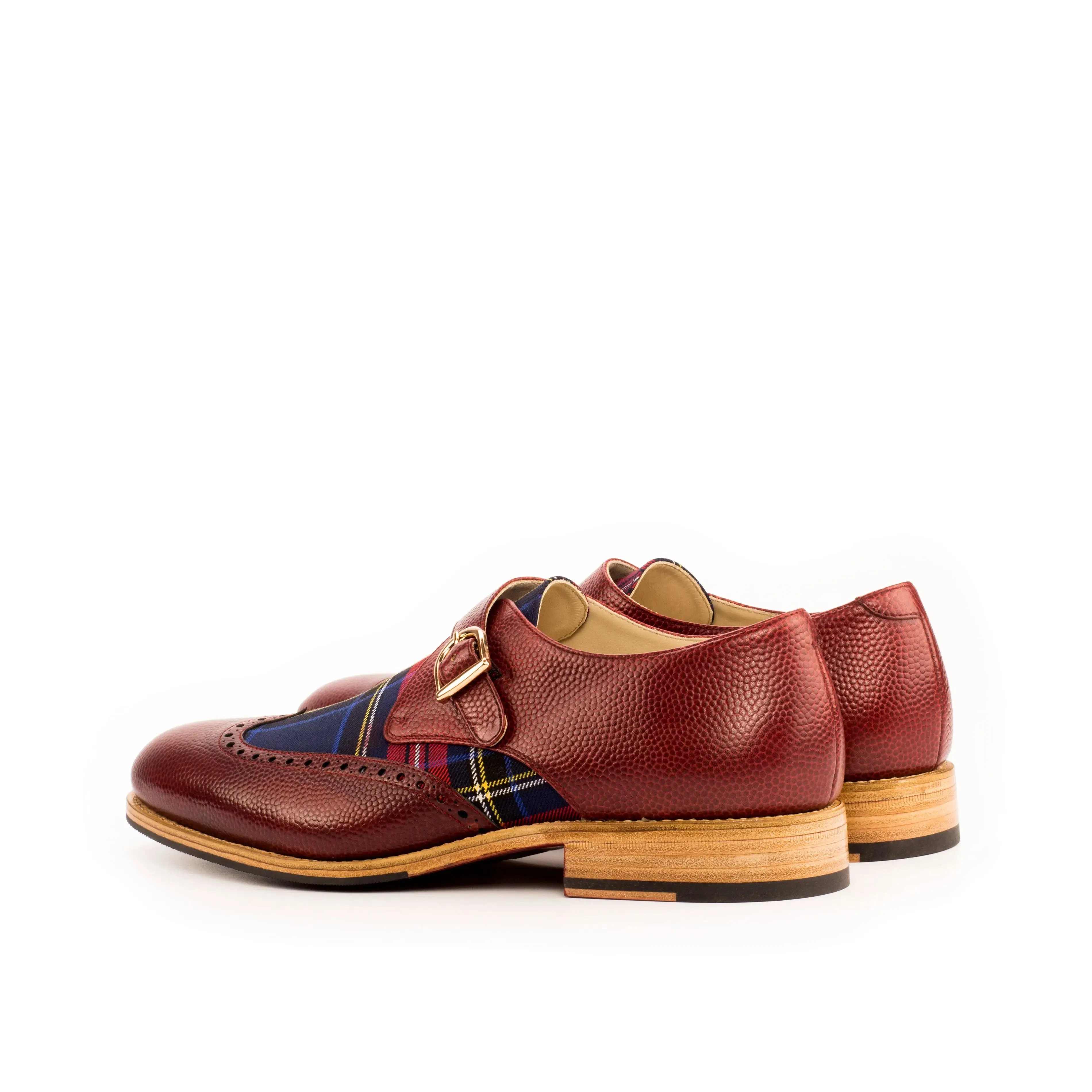 DapperFam Brenno in Red / Tartan Men's Sartorial & Italian Pebble Grain Leather Single Monk