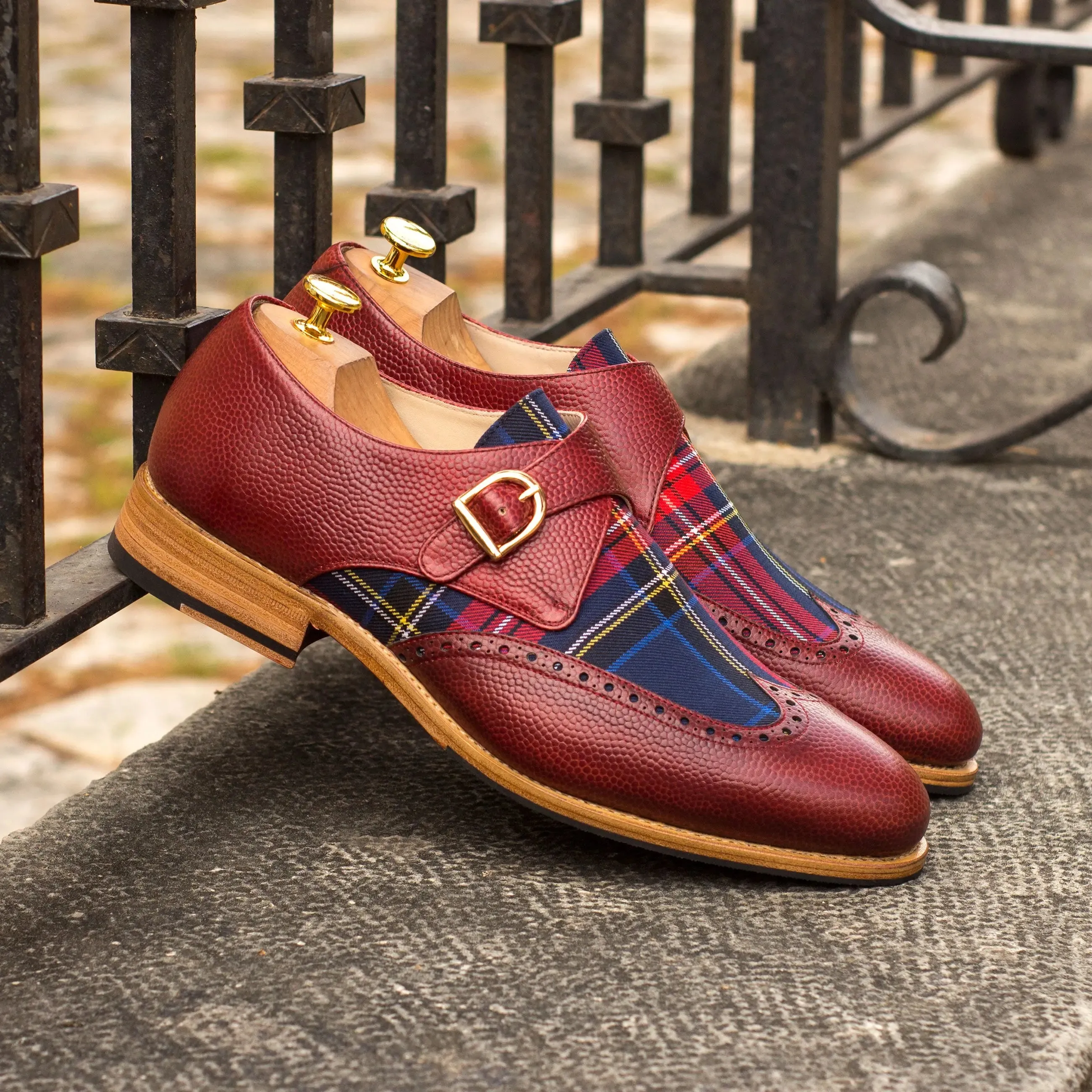 DapperFam Brenno in Red / Tartan Men's Sartorial & Italian Pebble Grain Leather Single Monk