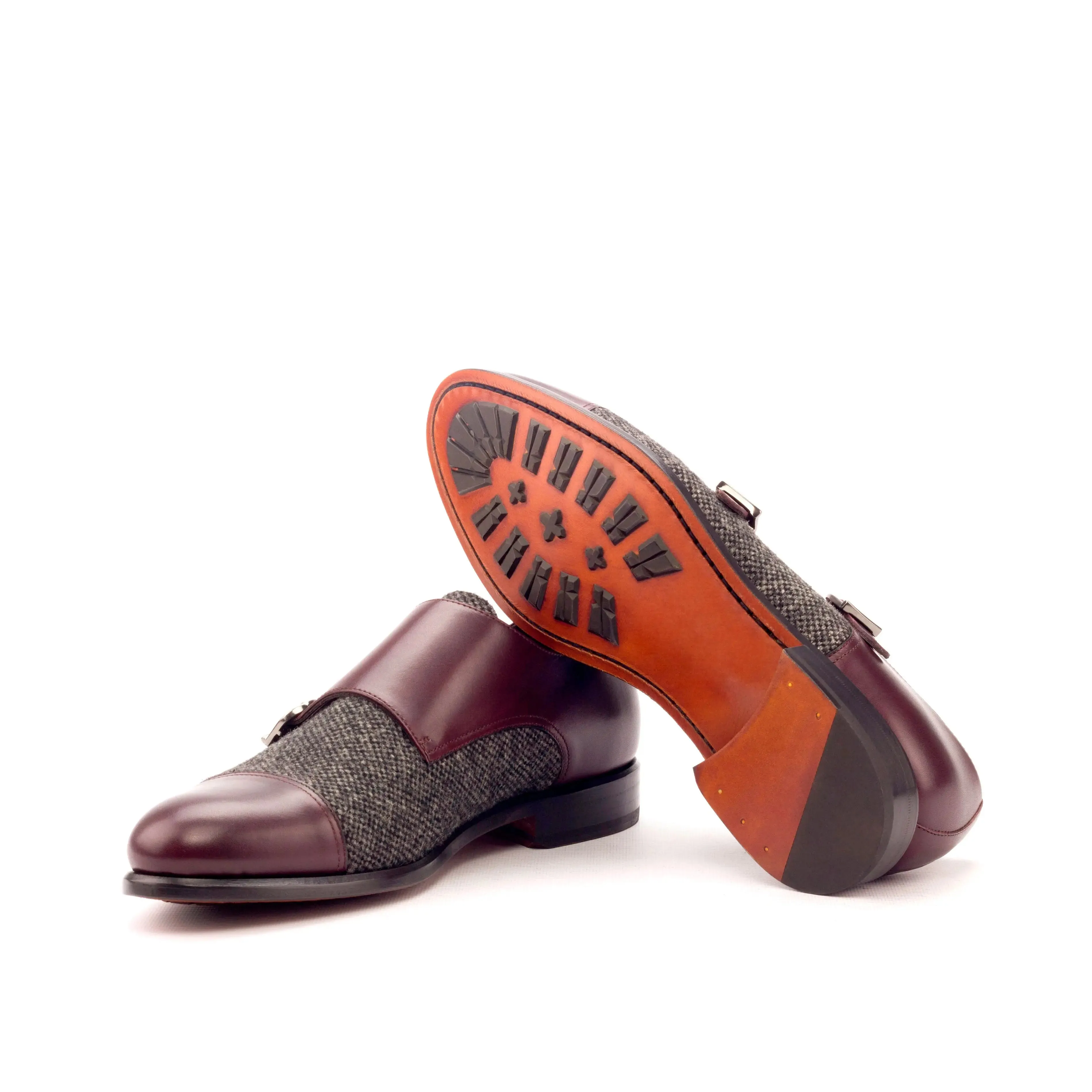 DapperFam Monaco in Burgundy / Nailhead Men's Sartorial & Italian Leather Double Monk