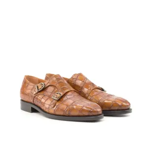 DapperFam Monaco in Cognac Men's Italian Croco Embossed Leather Double Monk