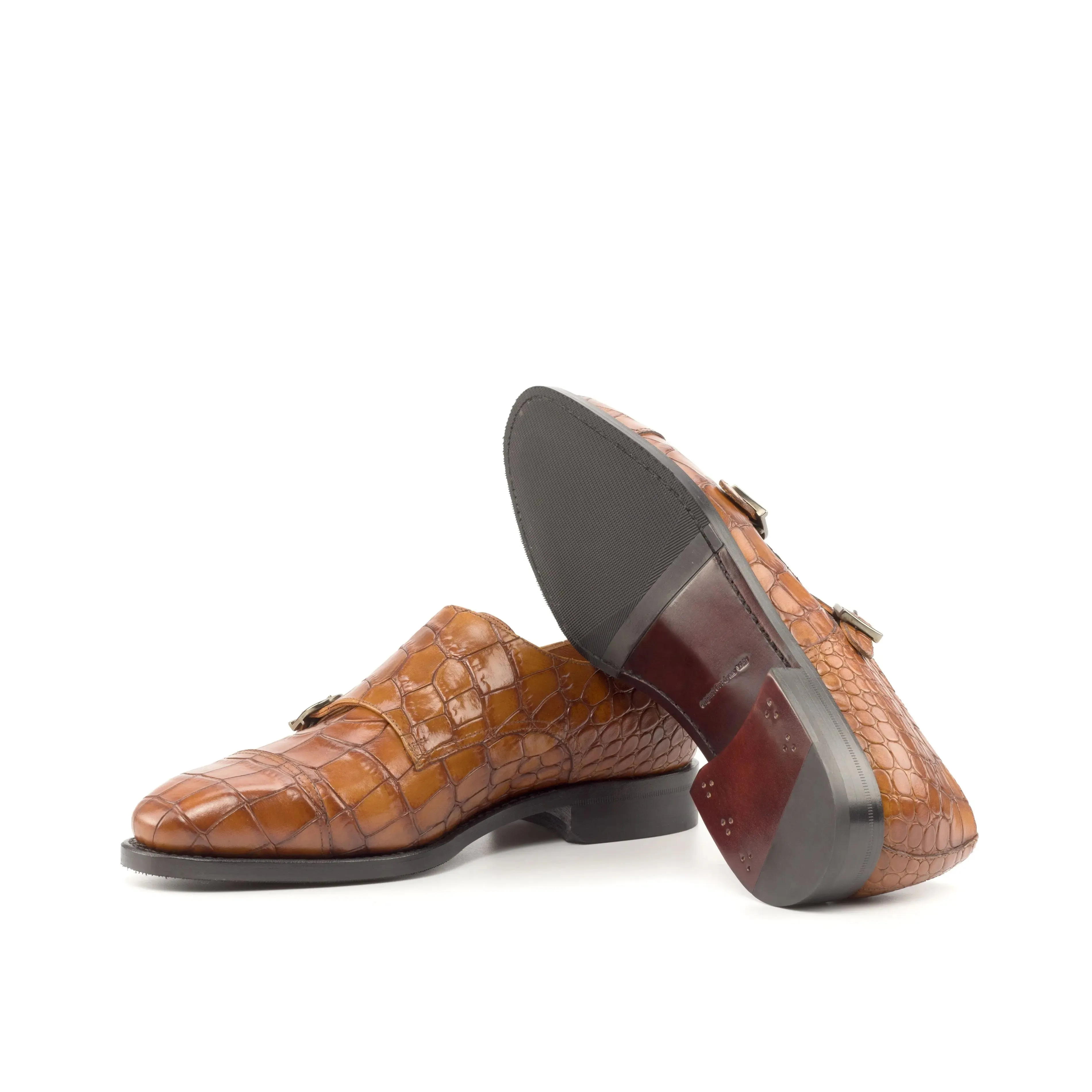 DapperFam Monaco in Cognac Men's Italian Croco Embossed Leather Double Monk