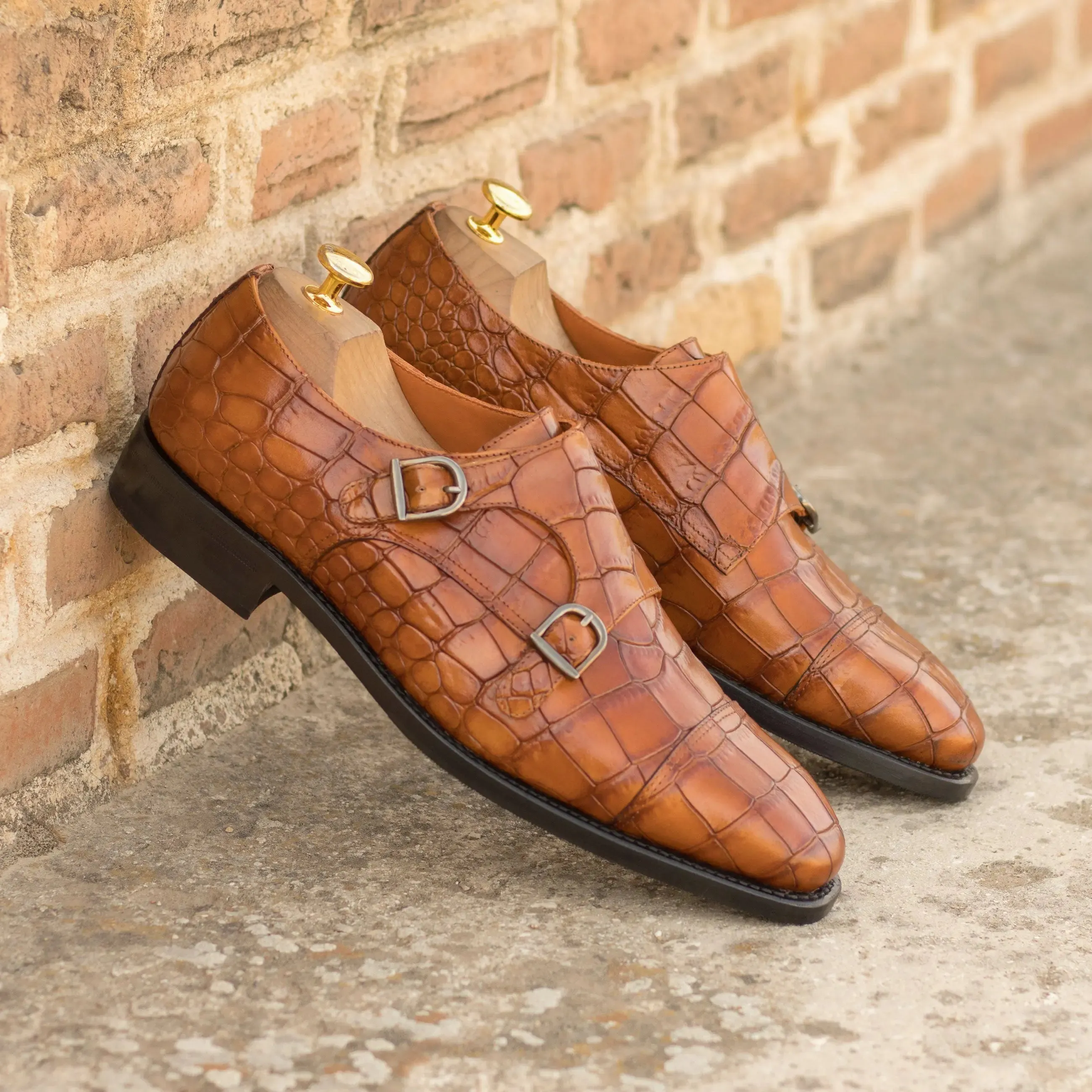 DapperFam Monaco in Cognac Men's Italian Croco Embossed Leather Double Monk