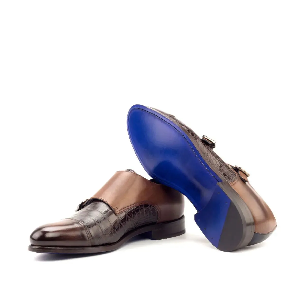 DapperFam Monaco in Dark Brown / Med Brown / Navy Men's Italian Leather & Hand-Painted Patina Double Monk