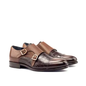 DapperFam Monaco in Dark Brown / Med Brown / Navy Men's Italian Leather & Hand-Painted Patina Double Monk