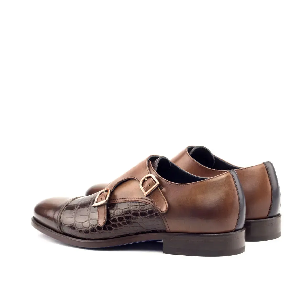 DapperFam Monaco in Dark Brown / Med Brown / Navy Men's Italian Leather & Hand-Painted Patina Double Monk