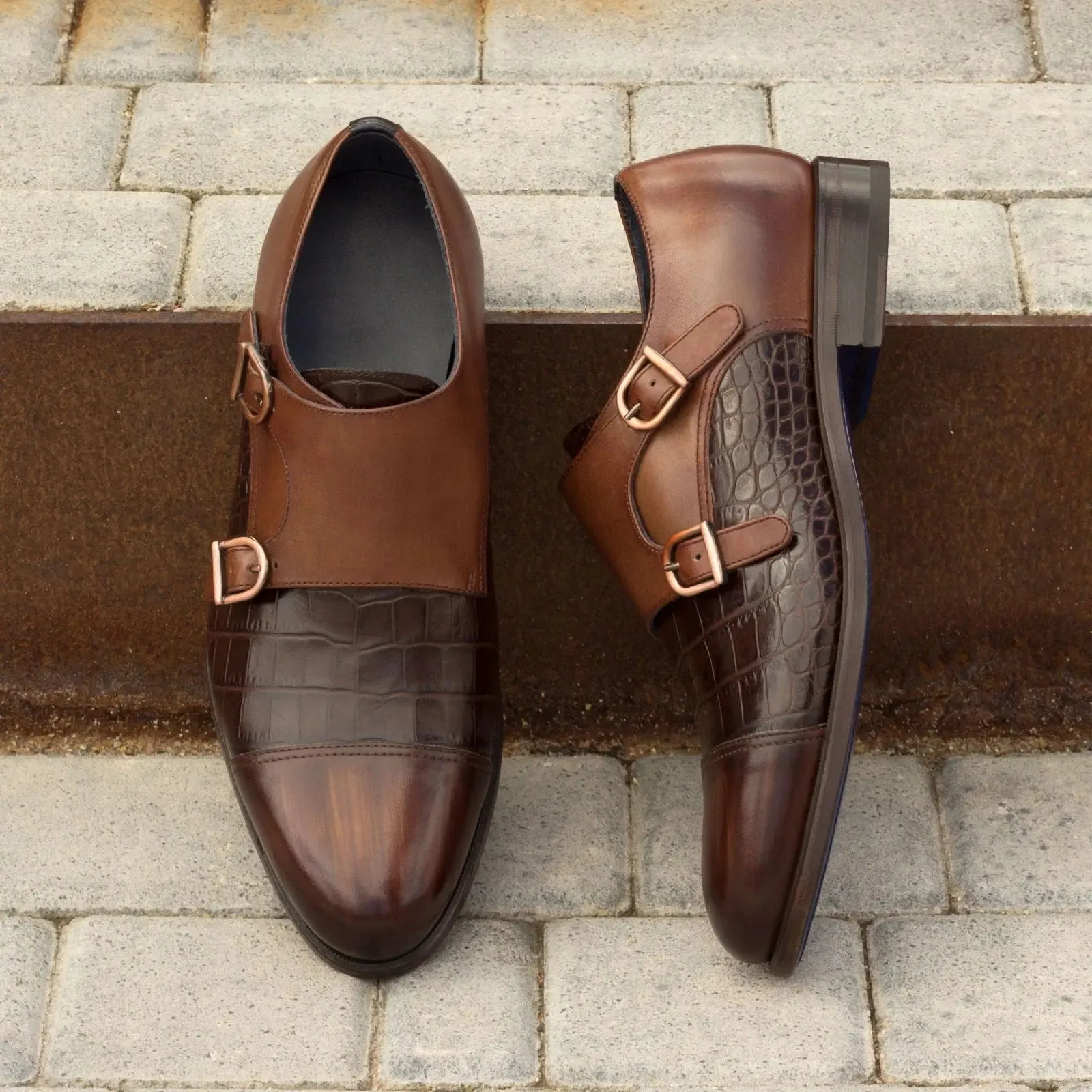 DapperFam Monaco in Dark Brown / Med Brown / Navy Men's Italian Leather & Hand-Painted Patina Double Monk