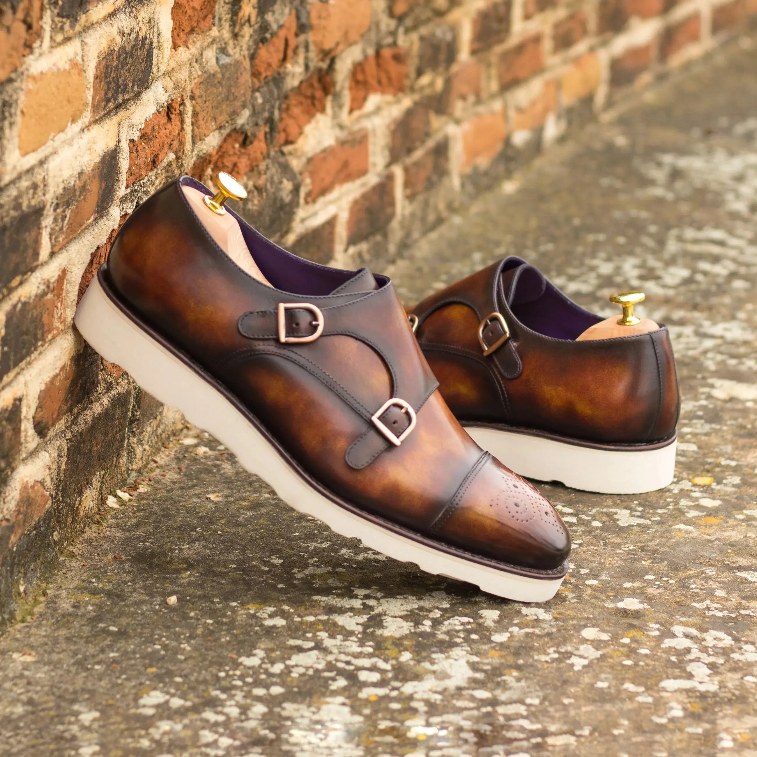 DapperFam Monaco in Fire Men's Hand-Painted Patina Double Monk