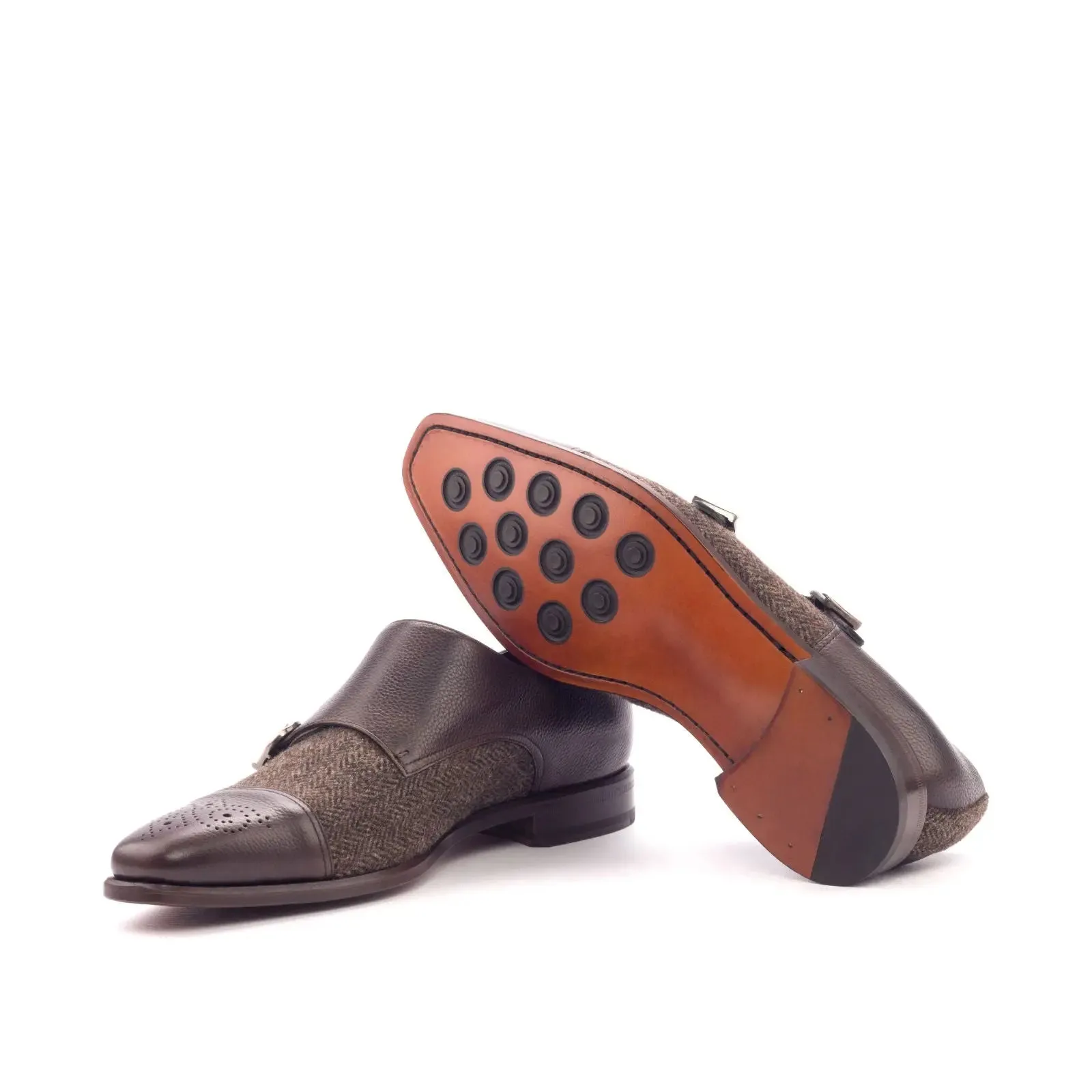 DapperFam Monaco in Herringbone / Dark Brown Men's Sartorial & Italian Full Grain Leather Double Monk