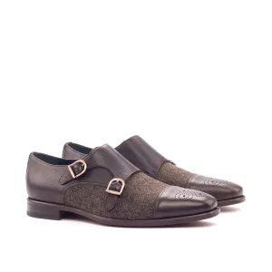 DapperFam Monaco in Herringbone / Dark Brown Men's Sartorial & Italian Full Grain Leather Double Monk