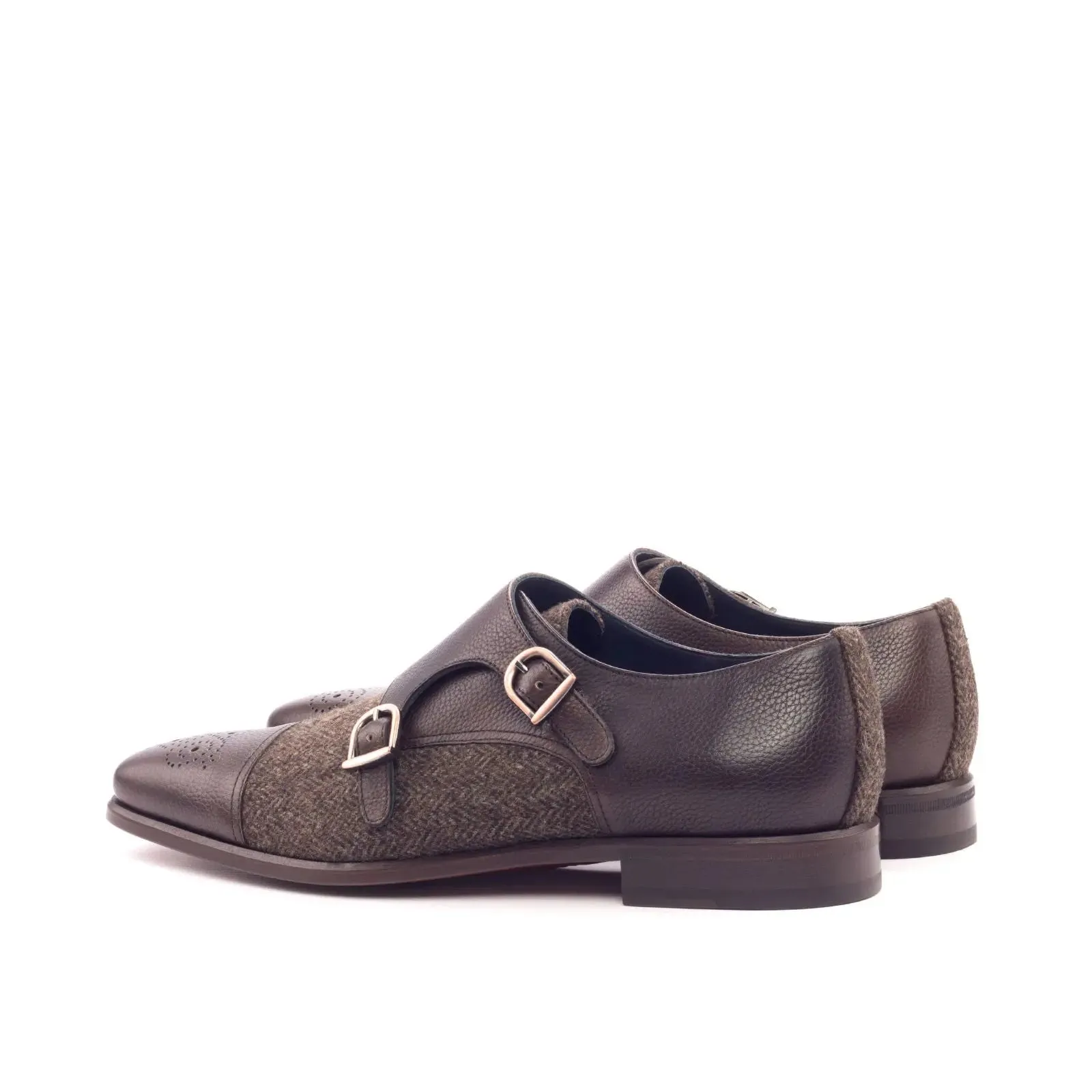DapperFam Monaco in Herringbone / Dark Brown Men's Sartorial & Italian Full Grain Leather Double Monk