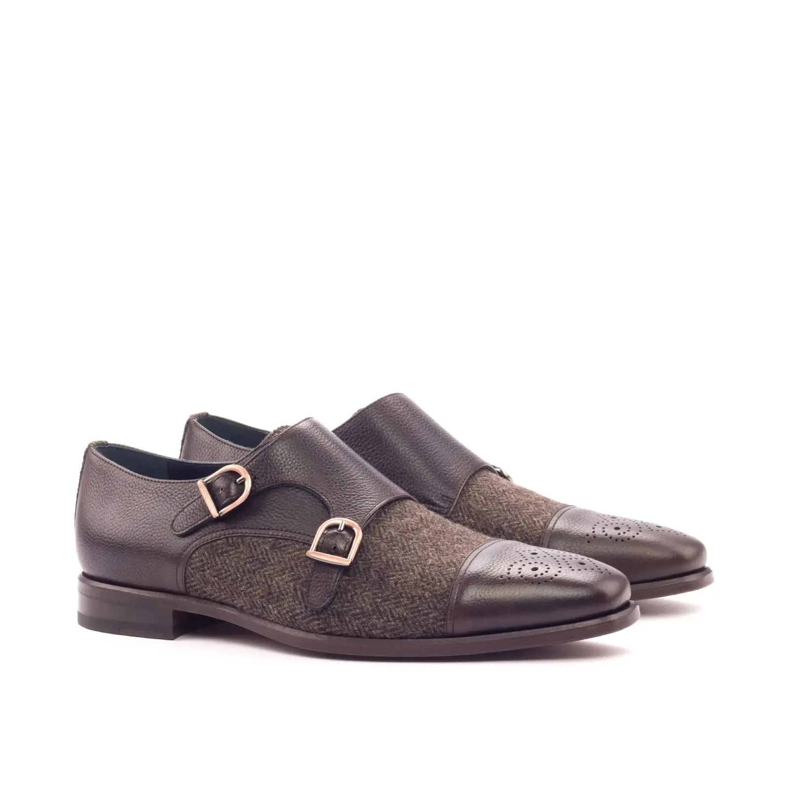DapperFam Monaco in Herringbone / Dark Brown Men's Sartorial & Italian Full Grain Leather Double Monk