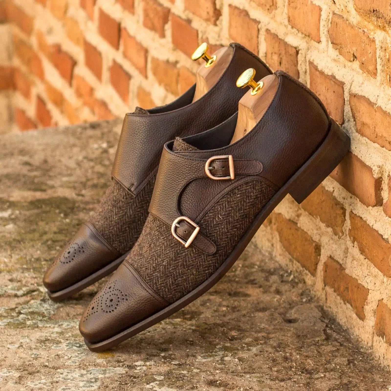 DapperFam Monaco in Herringbone / Dark Brown Men's Sartorial & Italian Full Grain Leather Double Monk