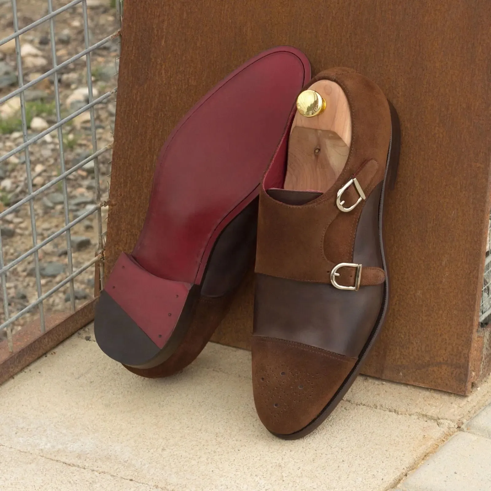 DapperFam Monaco in Med Brown / Dark Brown Men's Lux Suede & Italian Leather Double Monk